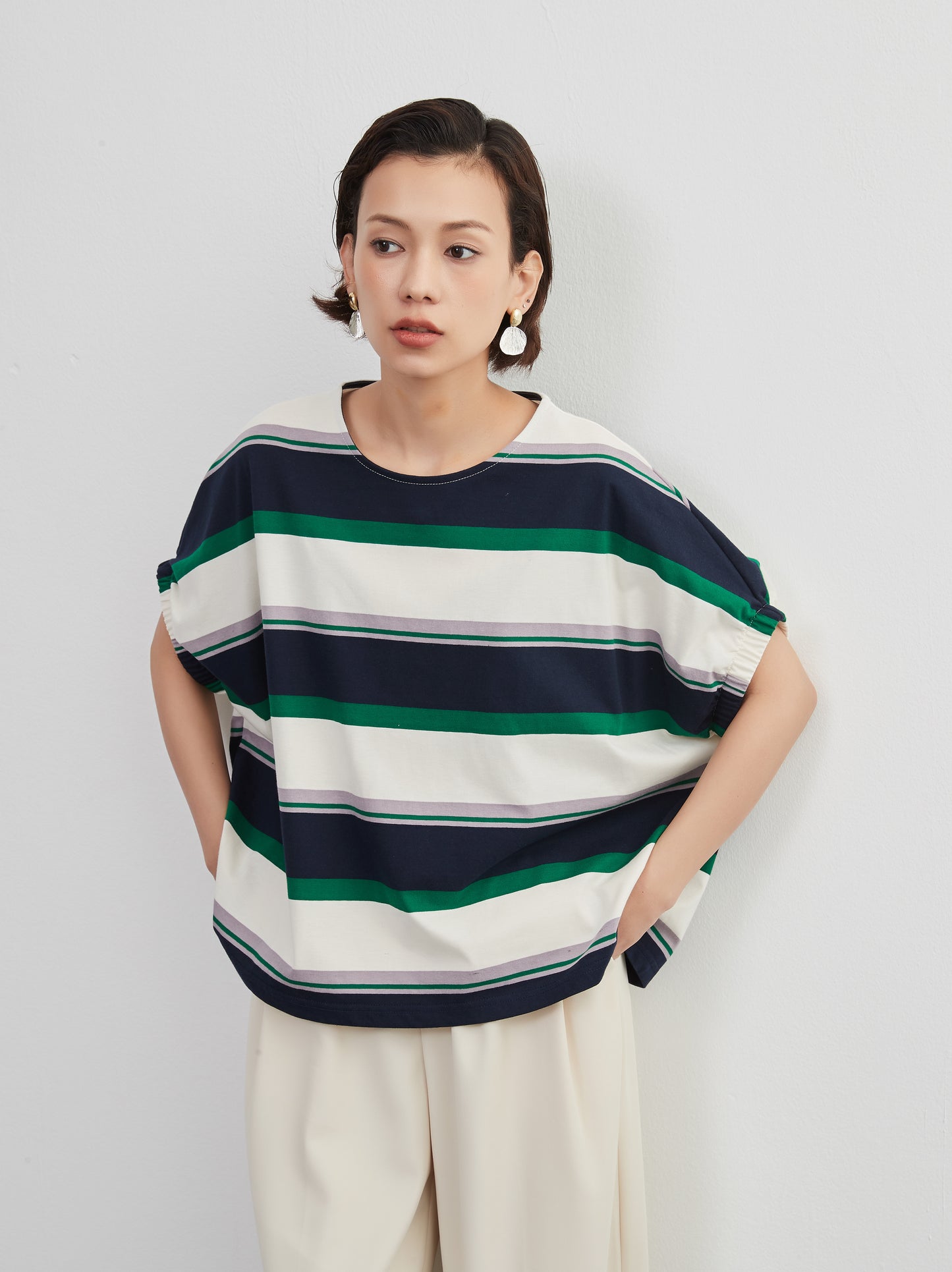 KNXT401-半袖・ボーダーTシャツ・綿100・ドルマンスリーブ・トップス・プルオーバー