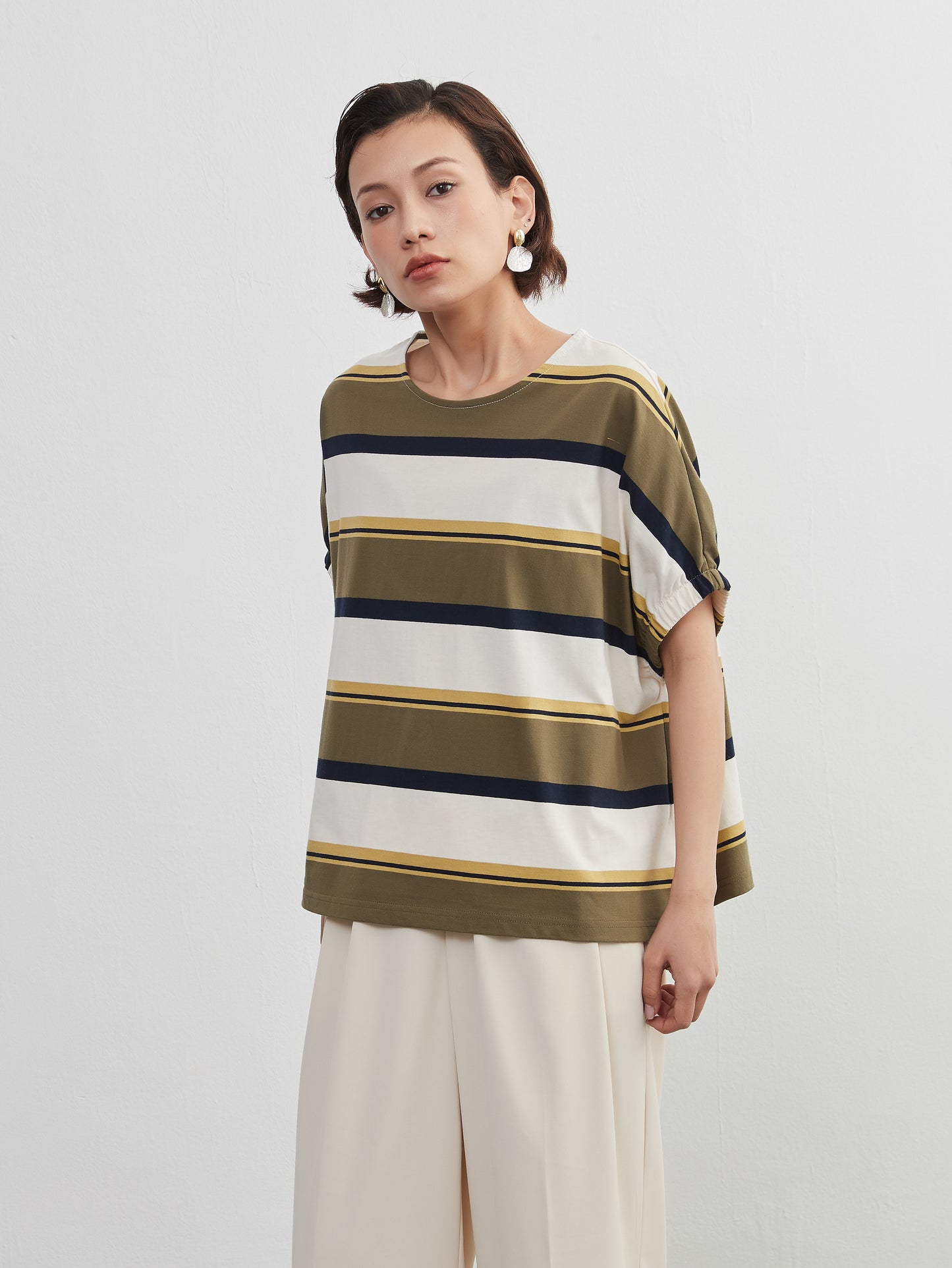 KNXT401-半袖・ボーダーTシャツ・綿100・ドルマンスリーブ・トップス・プルオーバー