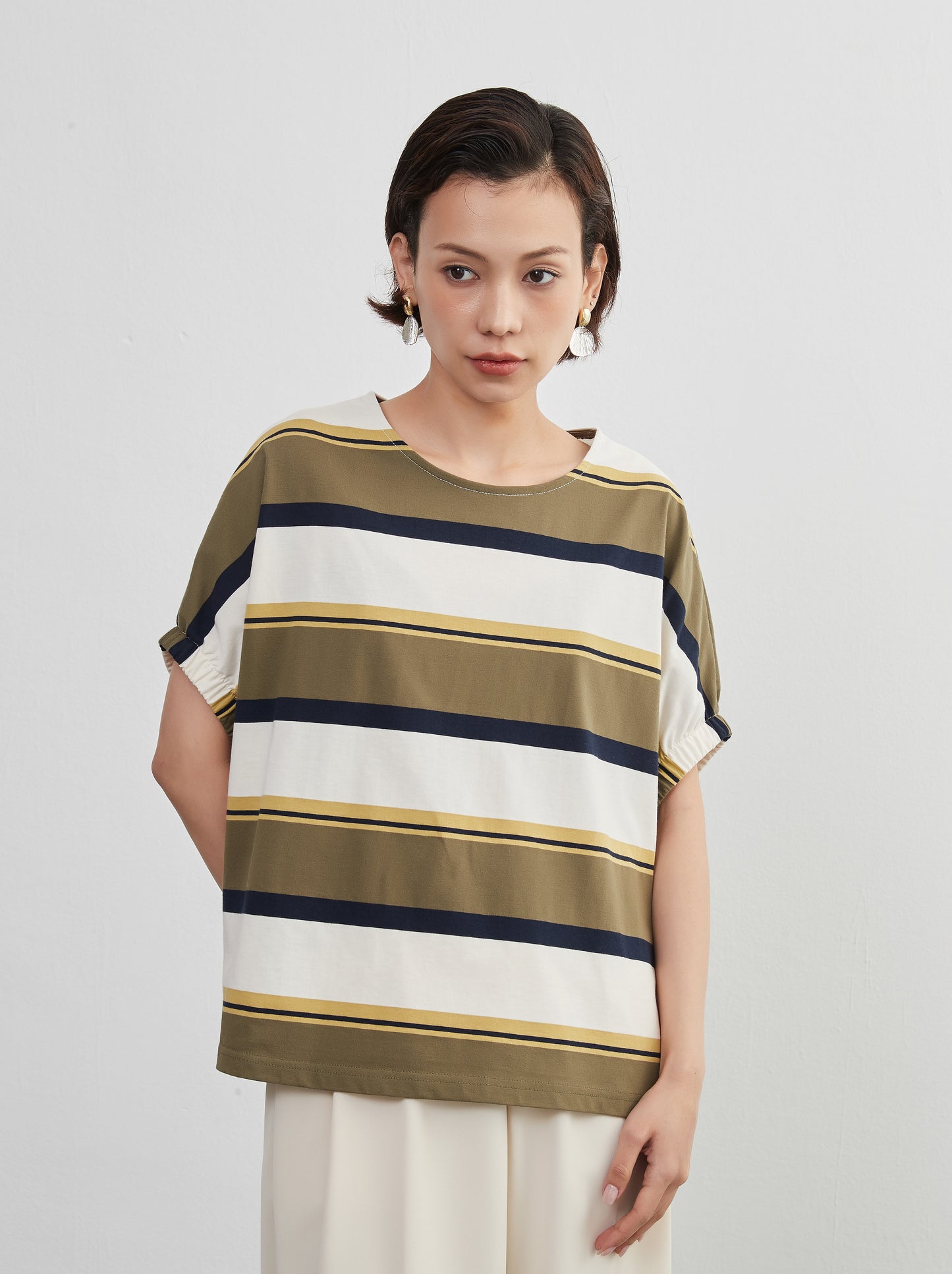 KNXT401-半袖・ボーダーTシャツ・綿100・ドルマンスリーブ・トップス・プルオーバー