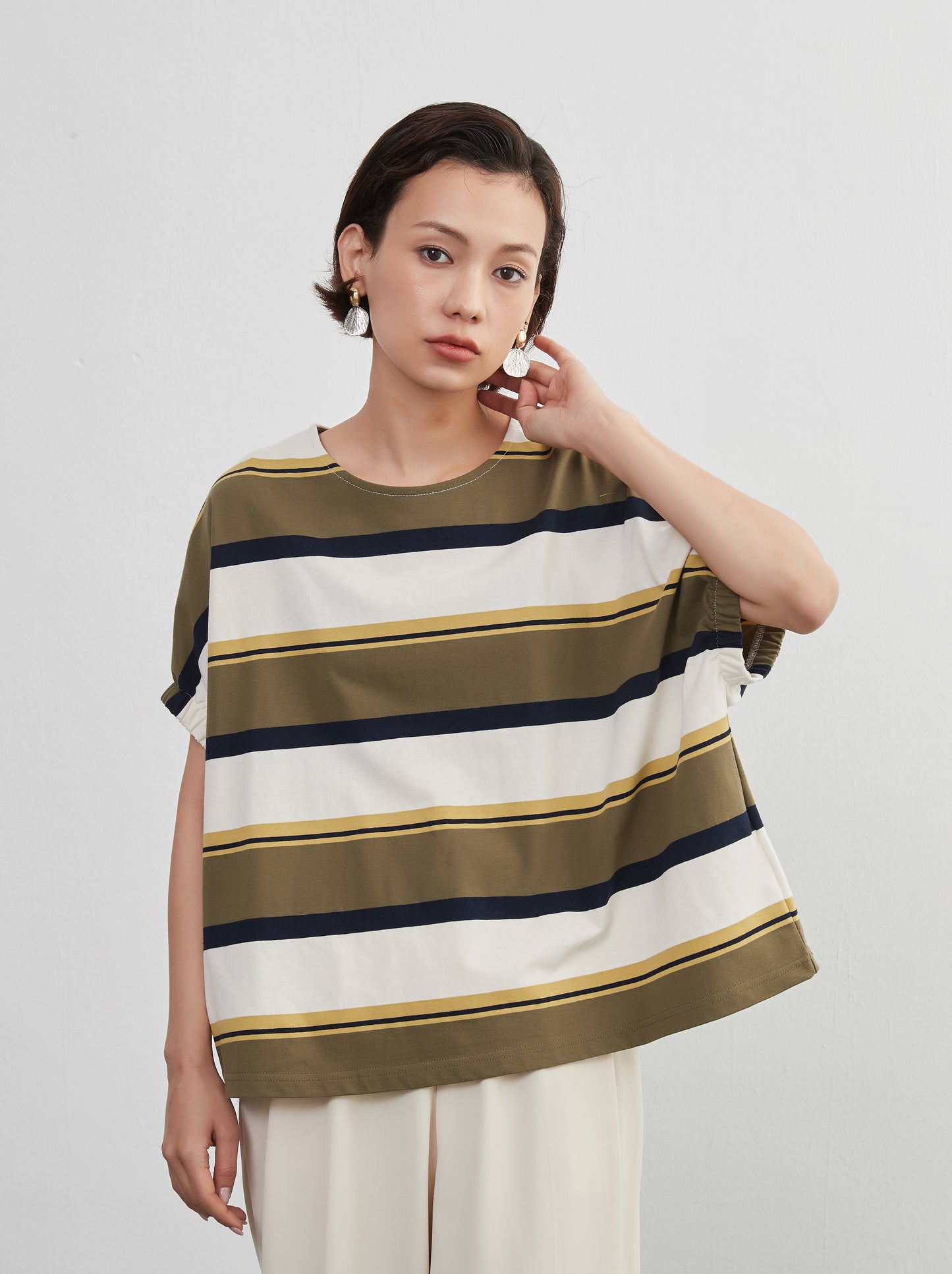 KNXT401-半袖・ボーダーTシャツ・綿100・ドルマンスリーブ・トップス・プルオーバー