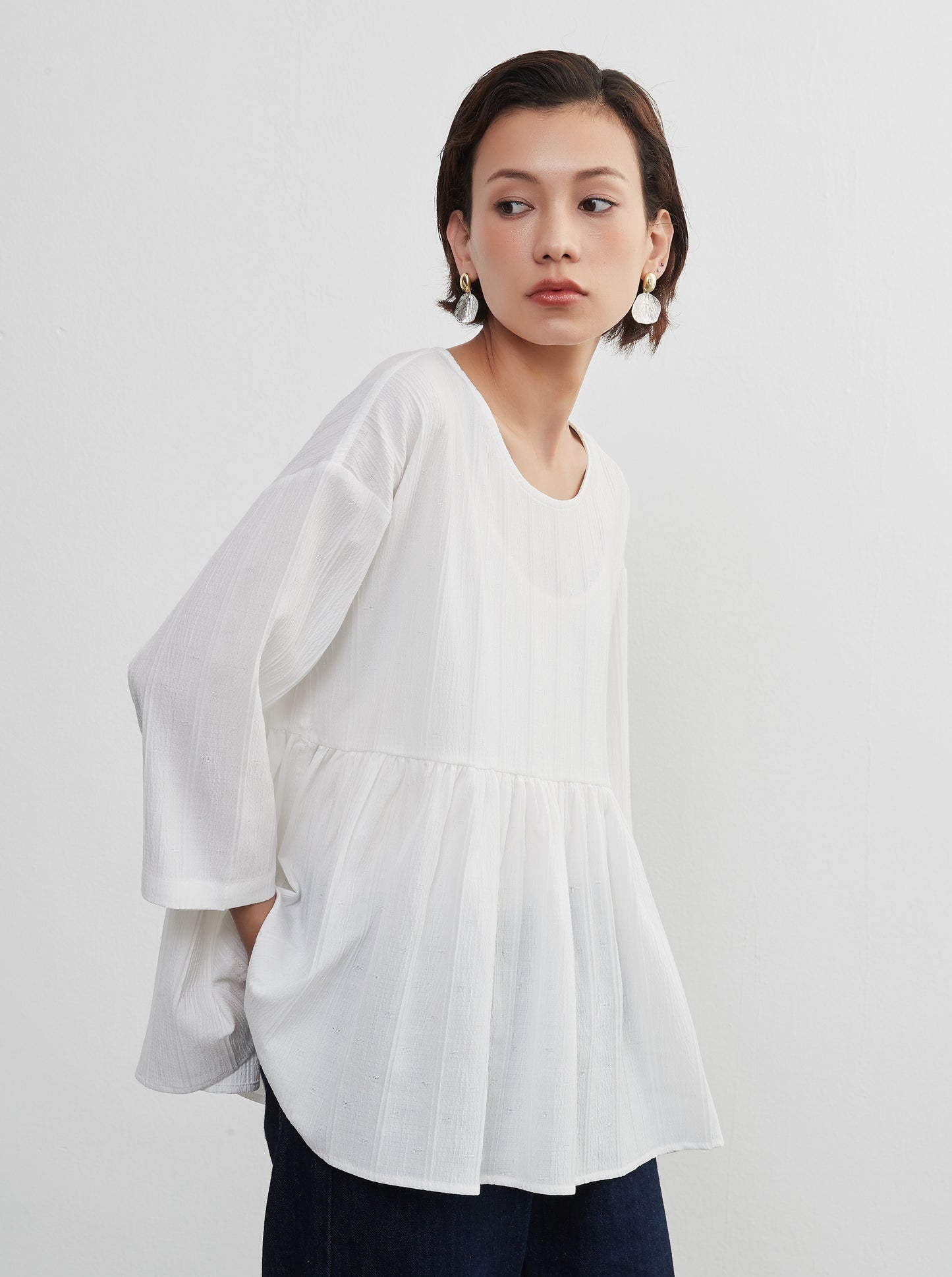 KNXT408-長袖ギャザートップ・春夏ジャガード・大人ガーリー・体系カバープルオーバー