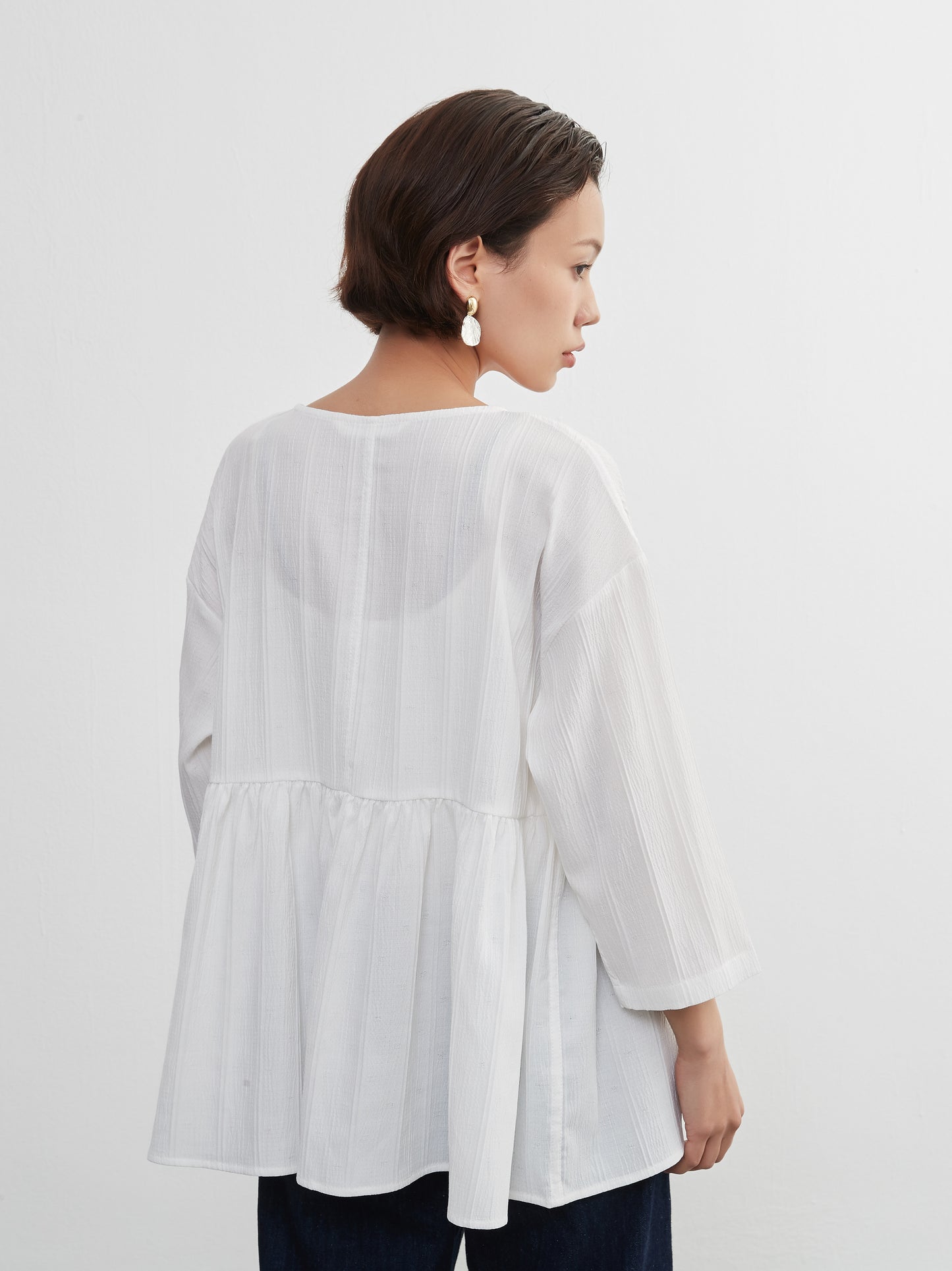 KNXT408-長袖ギャザートップ・春夏ジャガード・大人ガーリー・体系カバープルオーバー