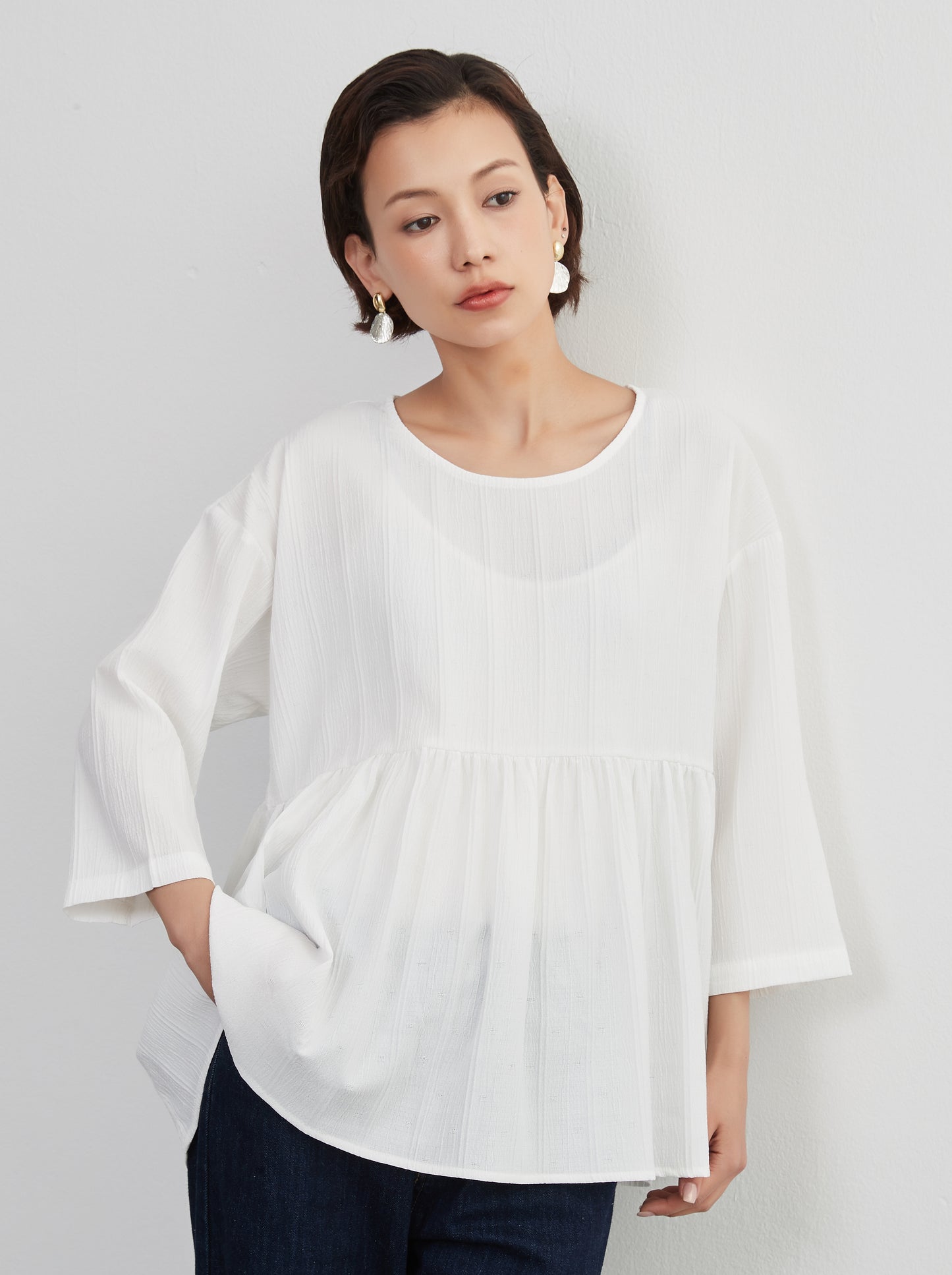 KNXT408-長袖ギャザートップ・春夏ジャガード・大人ガーリー・体系カバープルオーバー