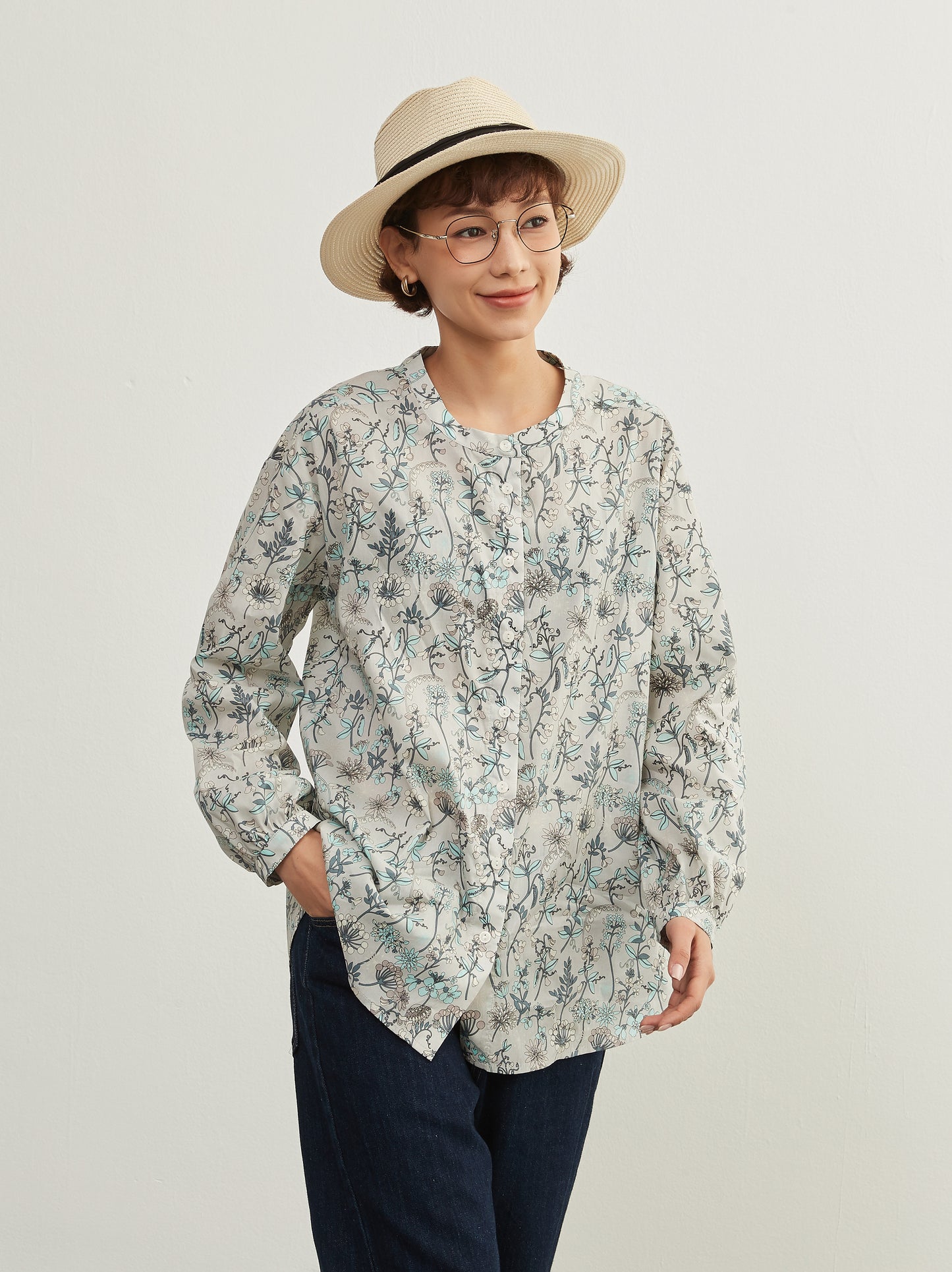 KNXC422-ボタニカルプリント綿100%シャツ・長袖ブラウス・コットン素材トップス春夏新商品