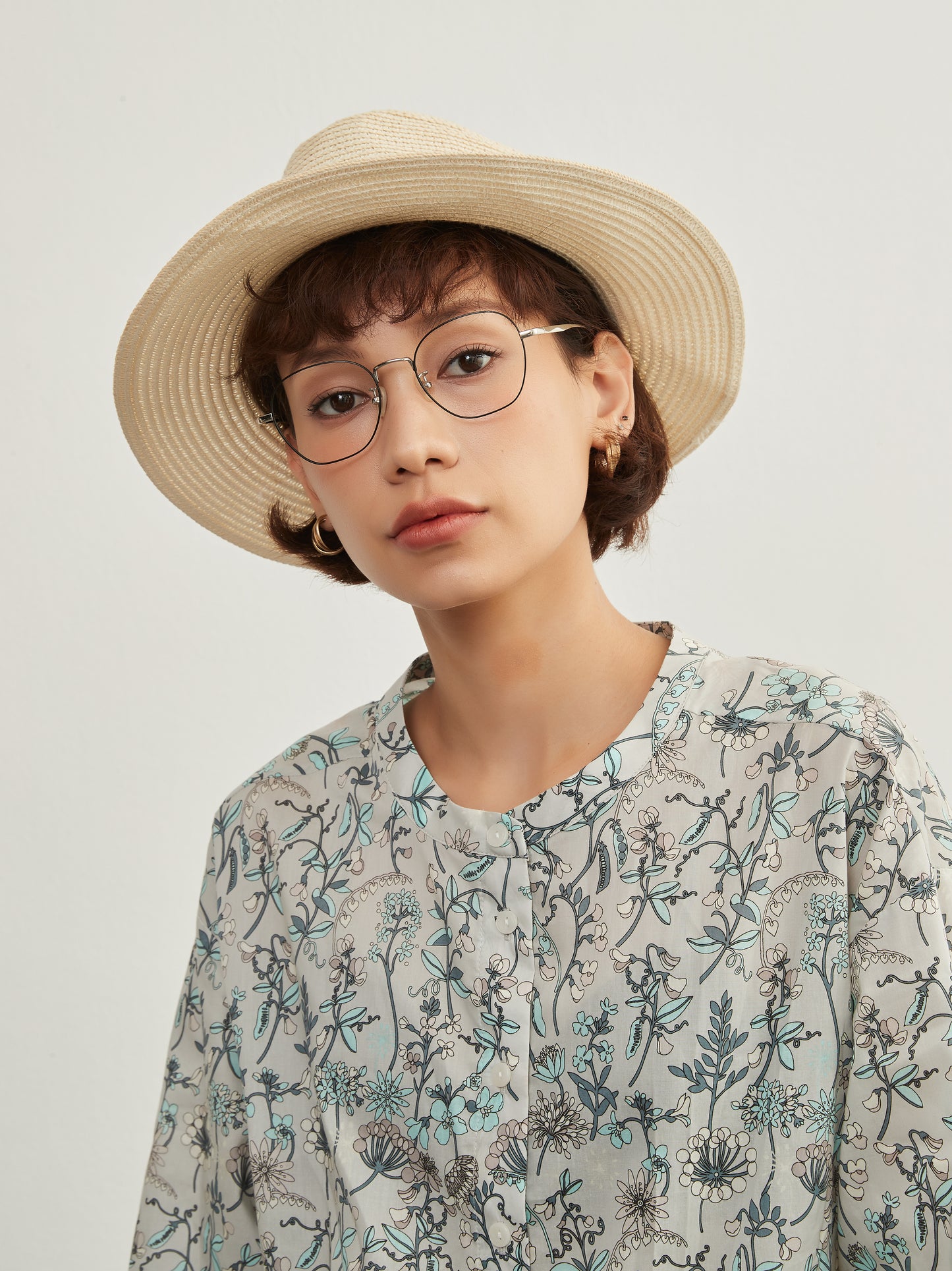 KNXC422-ボタニカルプリント綿100%シャツ・長袖ブラウス・コットン素材トップス春夏新商品