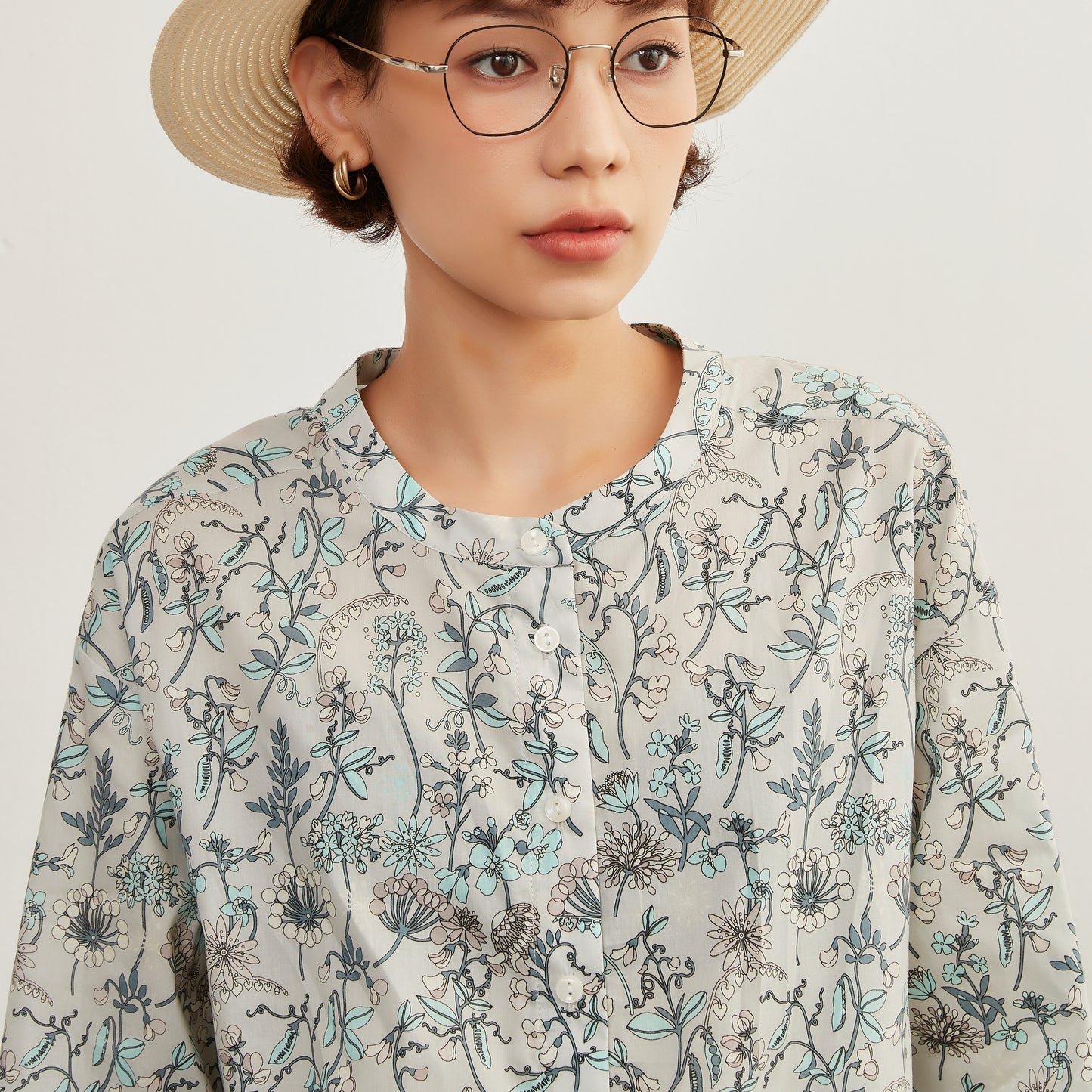 KNXC422-ボタニカルプリント綿100%シャツ・長袖ブラウス・コットン素材トップス春夏新商品