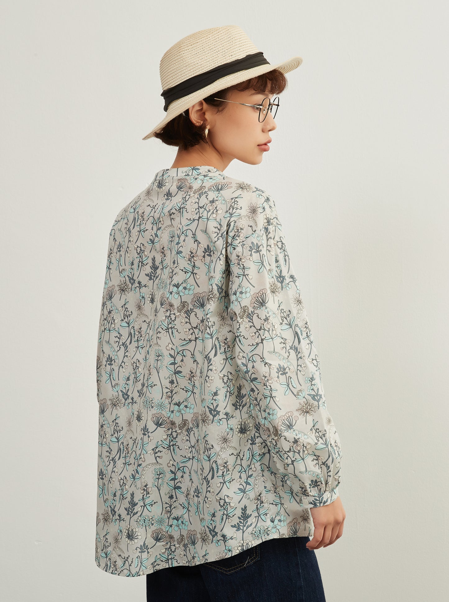 KNXC422-ボタニカルプリント綿100%シャツ・長袖ブラウス・コットン素材トップス春夏新商品