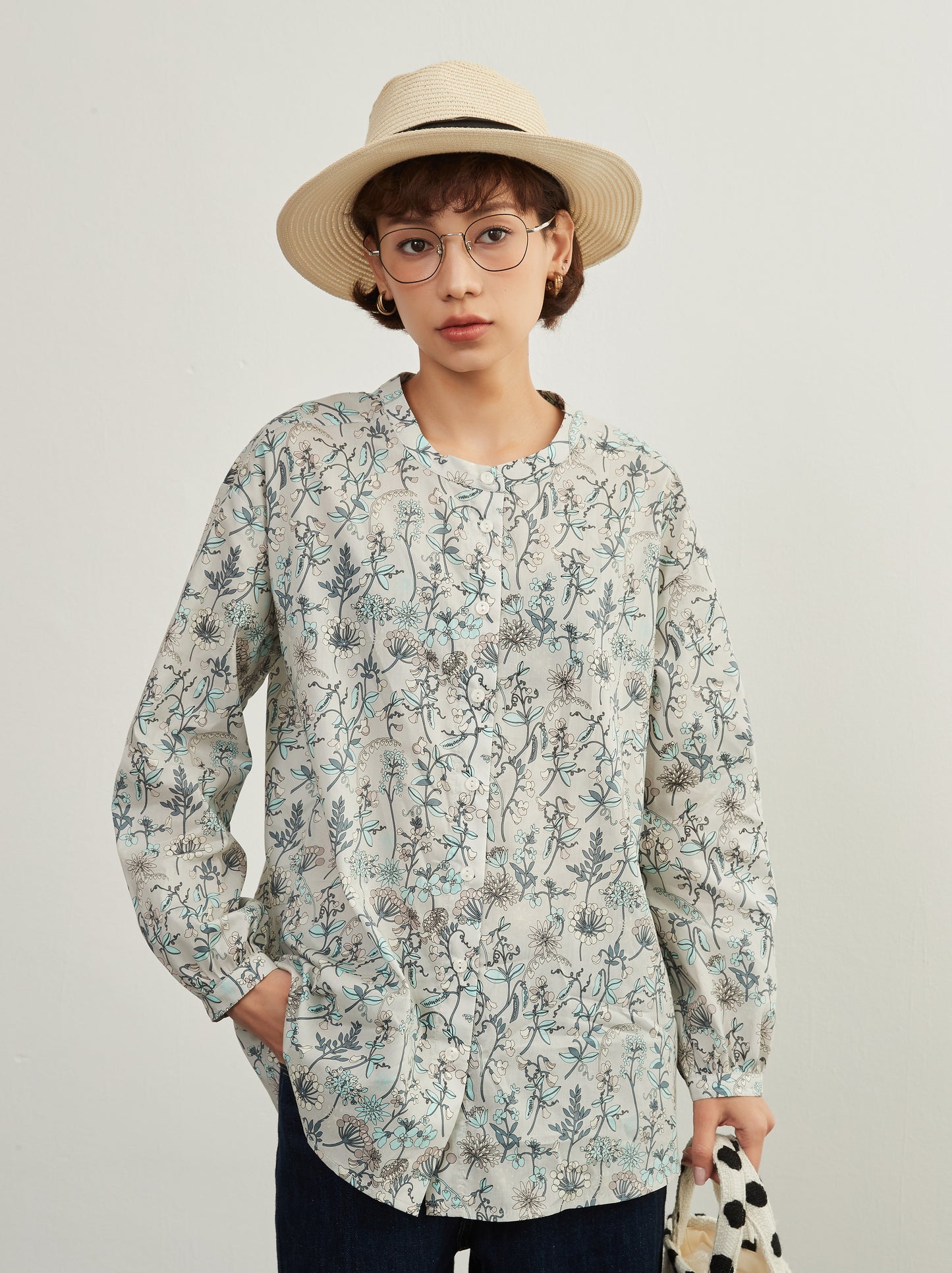 KNXC422-ボタニカルプリント綿100%シャツ・長袖ブラウス・コットン素材トップス春夏新商品