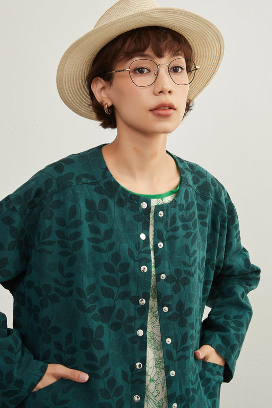 KNXC417-リーフジャガードカーディガン・スナップボタン・ライト・長袖ジャケット・アウター