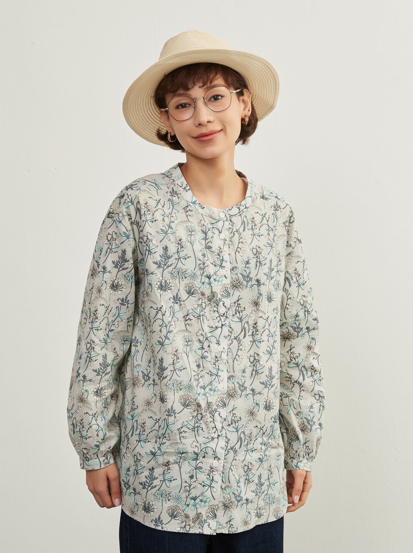 KNXC422-ボタニカルプリント綿100%シャツ・長袖ブラウス・コットン素材トップス春夏新商品