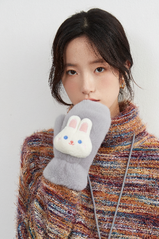 手袋 レディース ミトン うさぎ付き フェイクファー モコモコ 裏起毛 防寒 かわいい 暖かい おしゃれ 冬小物 プレゼントKYS-010