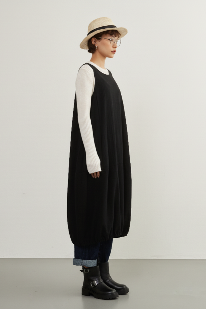 KNXO419 - Sleeveless balloon dress, 100% cotton, layered jumper skirt that can be worn all year round