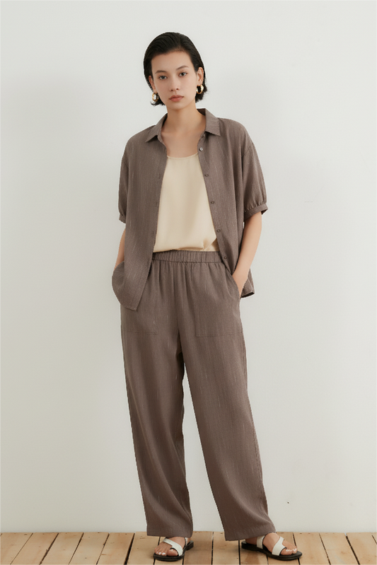 Faded striped set-up, wrinkled material, easy coordination with blouse and cocoon pants - KNXC432/433