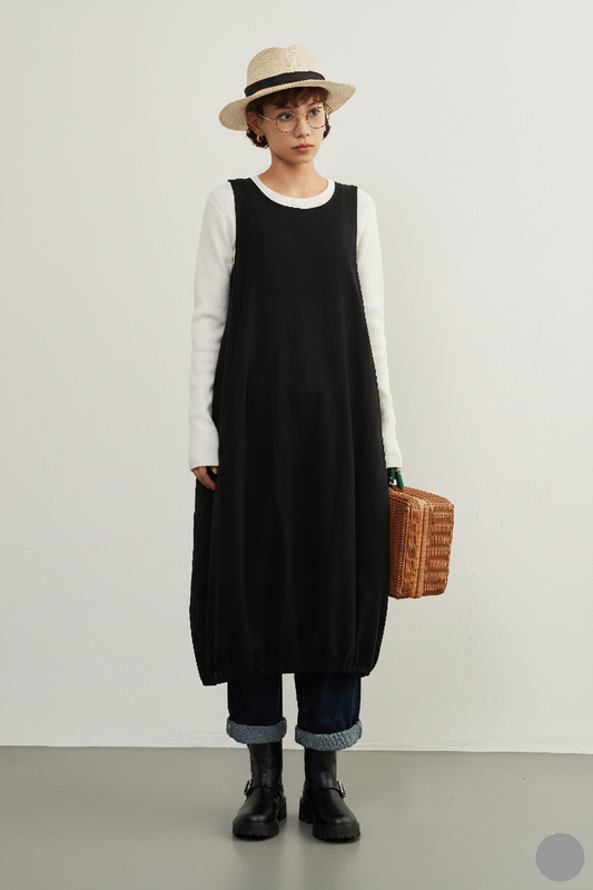 KNXO419 - Sleeveless balloon dress, 100% cotton, layered jumper skirt that can be worn all year round
