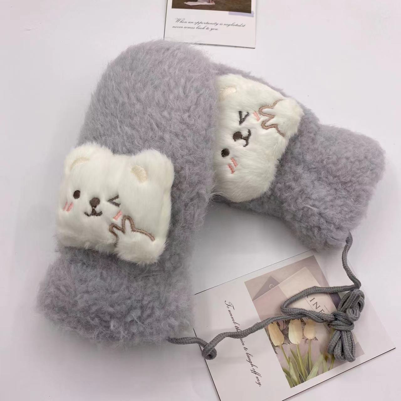 手袋 レディース ミトン くま付き フェイクファー モコモコ 裏起毛 防寒 かわいい 暖かい おしゃれ 冬小物 プレゼントKYS-011