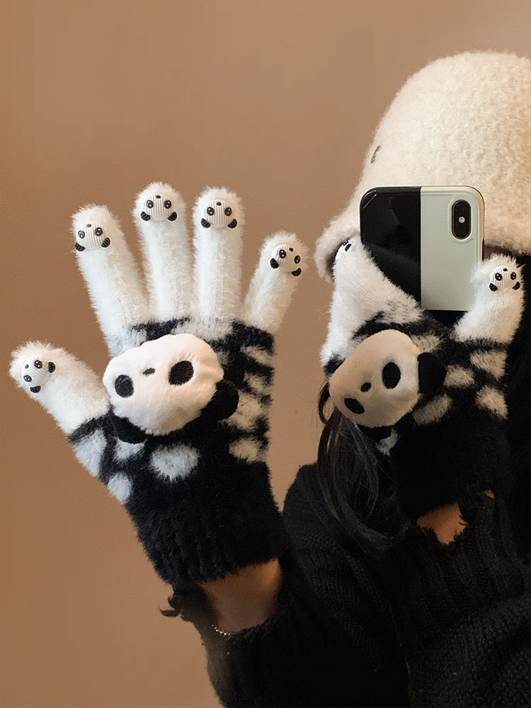 スマホ対応 手袋 レディース 冬 防寒 暖かい かわいい パンダ 起毛 ニットグローブ タッチパネル対応KYS-013