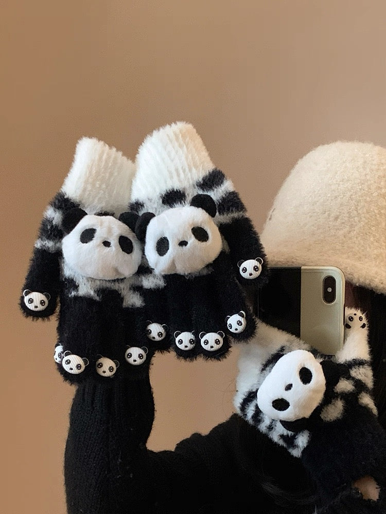 スマホ対応 手袋 レディース 冬 防寒 暖かい かわいい パンダ 起毛 ニットグローブ タッチパネル対応KYS-013