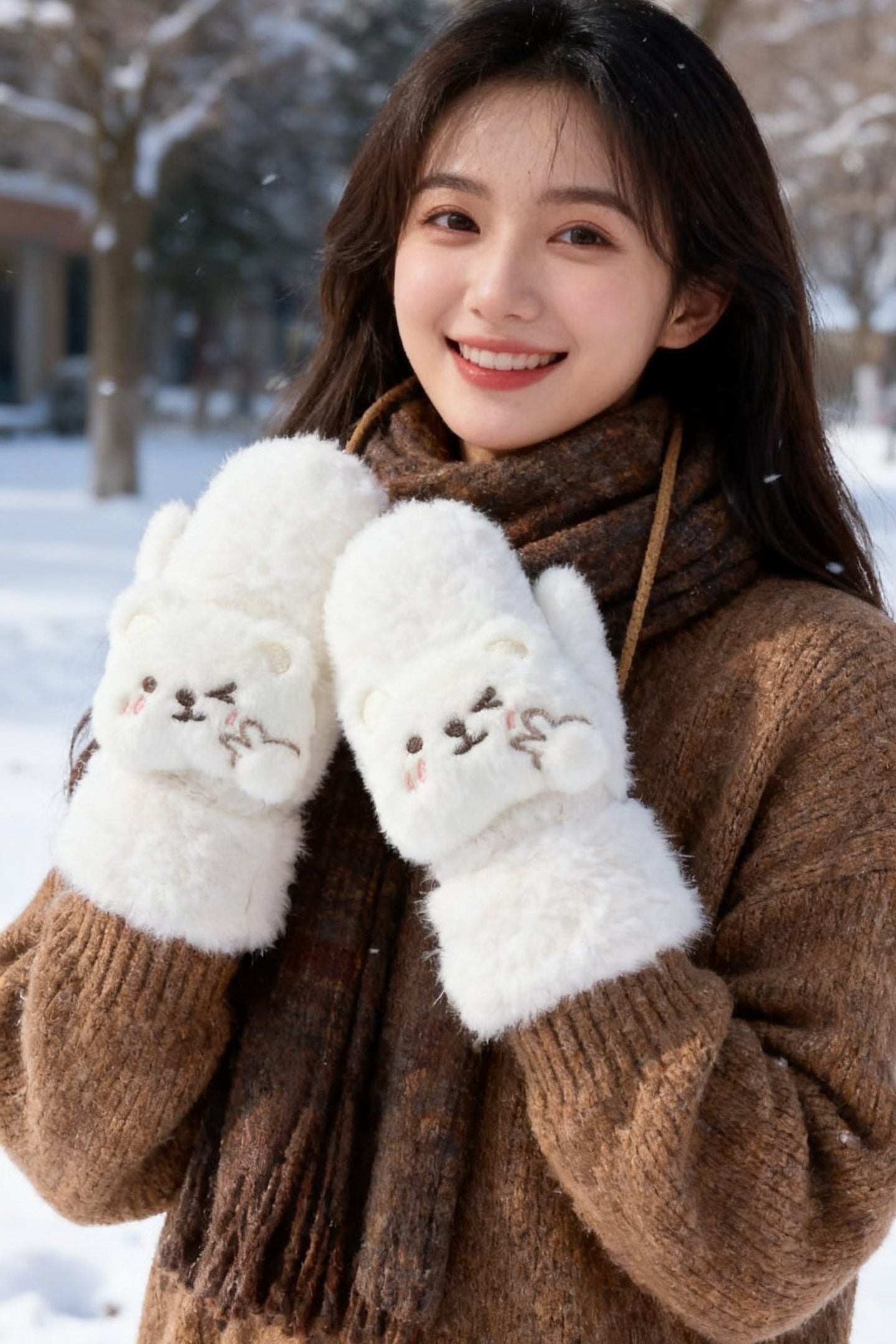 手袋 レディース ミトン くま付き フェイクファー モコモコ 裏起毛 防寒 かわいい 暖かい おしゃれ 冬小物 プレゼントKYS-011