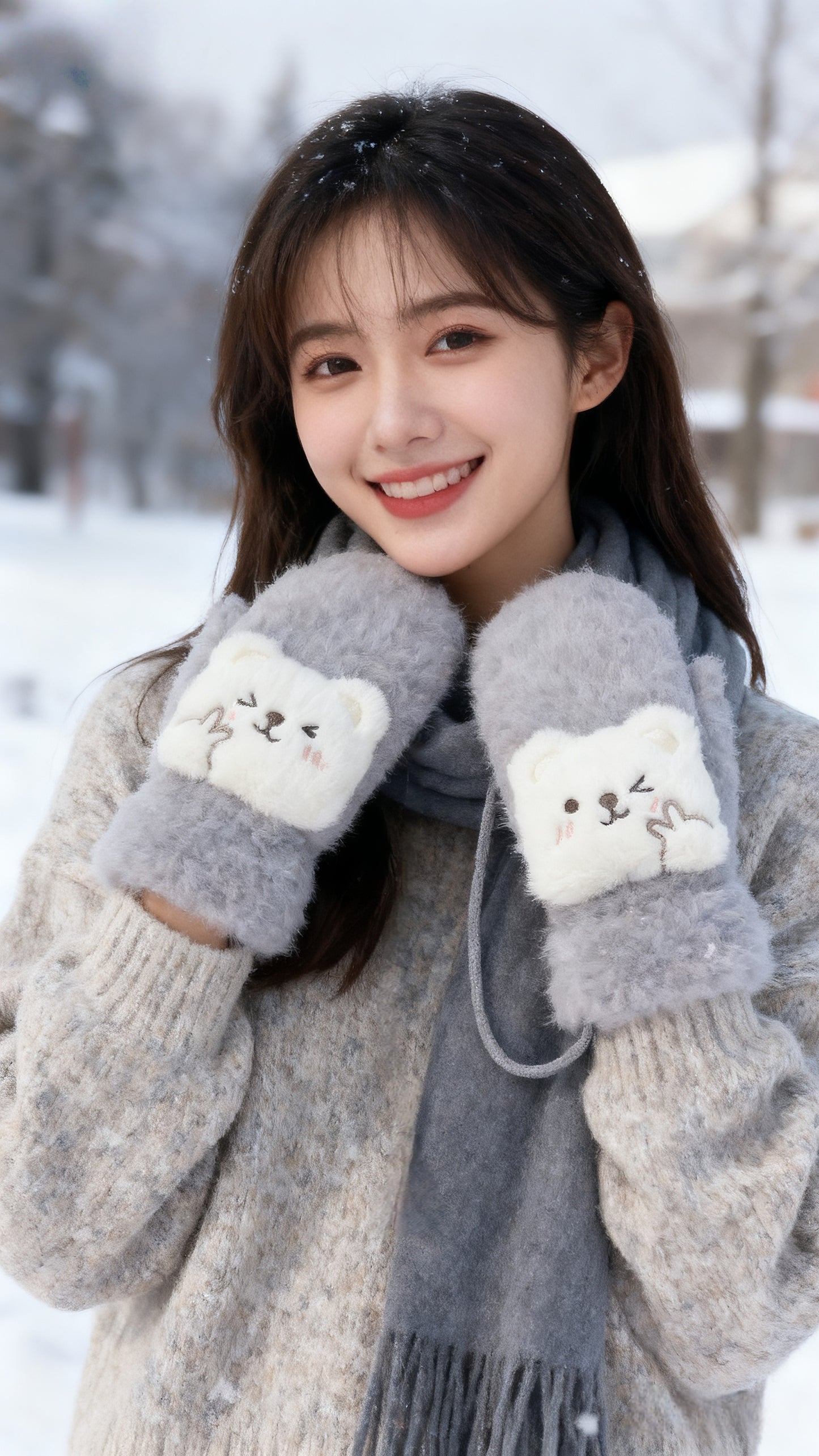 手袋 レディース ミトン くま付き フェイクファー モコモコ 裏起毛 防寒 かわいい 暖かい おしゃれ 冬小物 プレゼントKYS-011