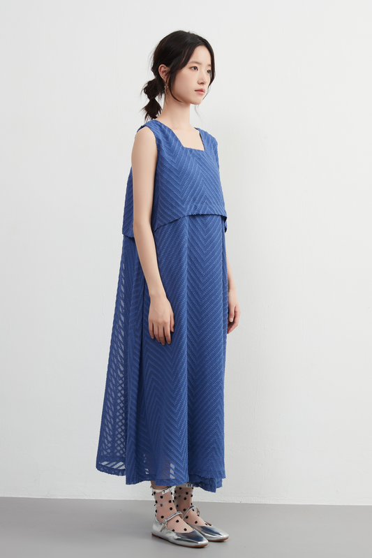 KNXO522, jacquard chiffon, layered flare dress, two-piece dress, sleeveless dress, lined