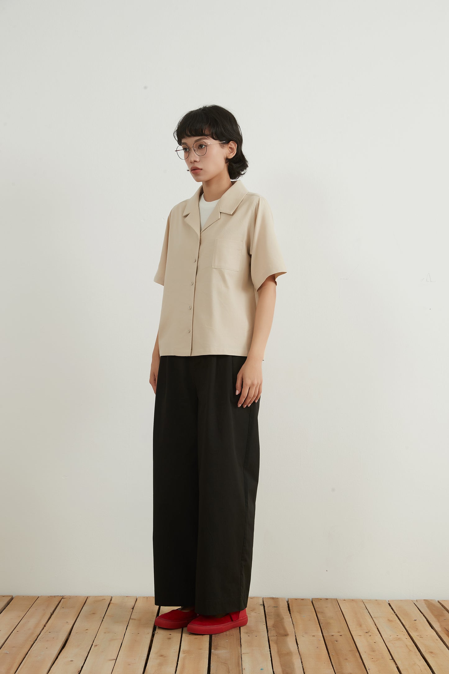 KNNC316・リネンコットンキャンプカラー半袖ボタンシャツ綿麻混夏定番トップス