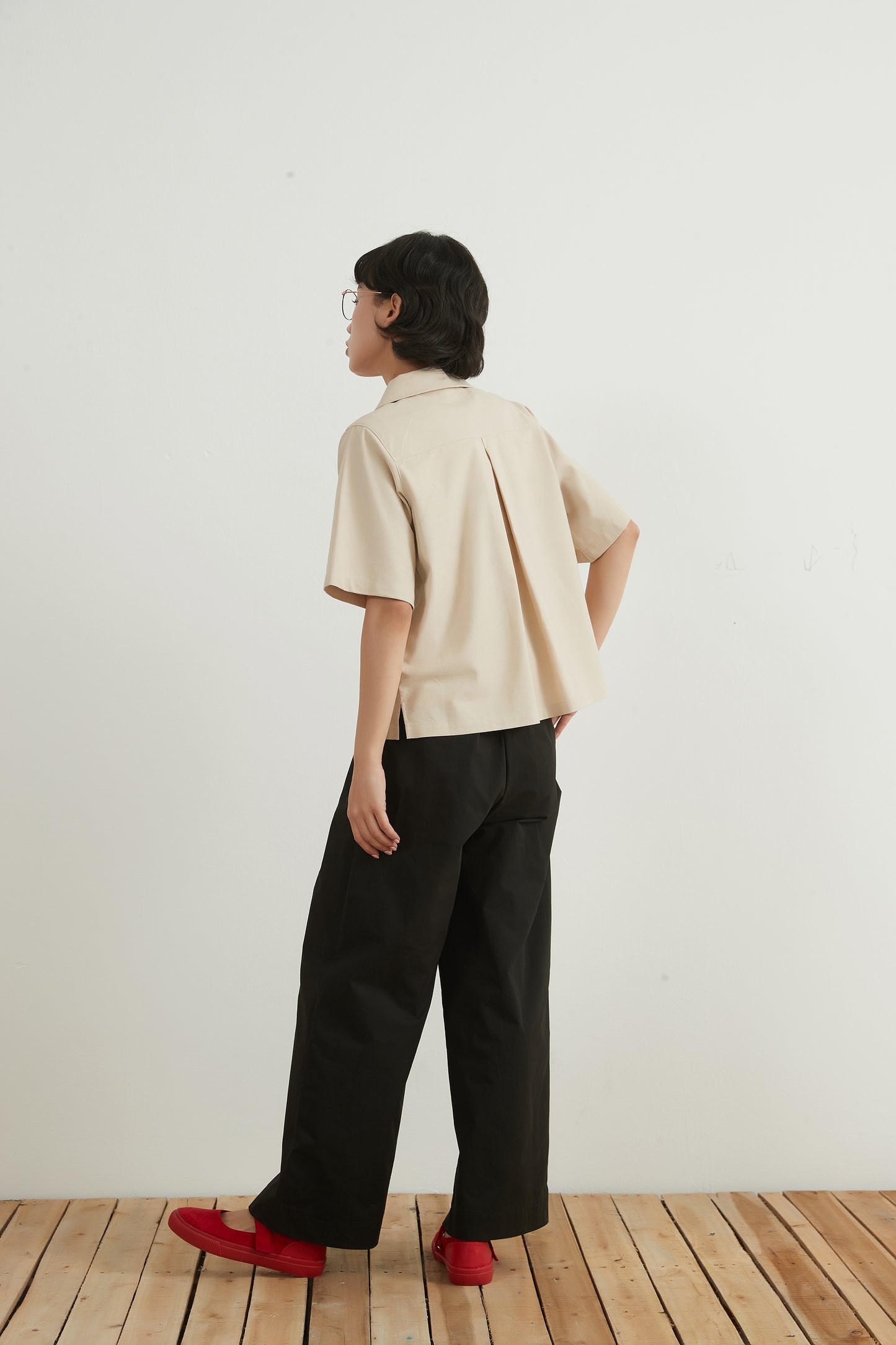 KNNC316・リネンコットンキャンプカラー半袖ボタンシャツ綿麻混夏定番トップス