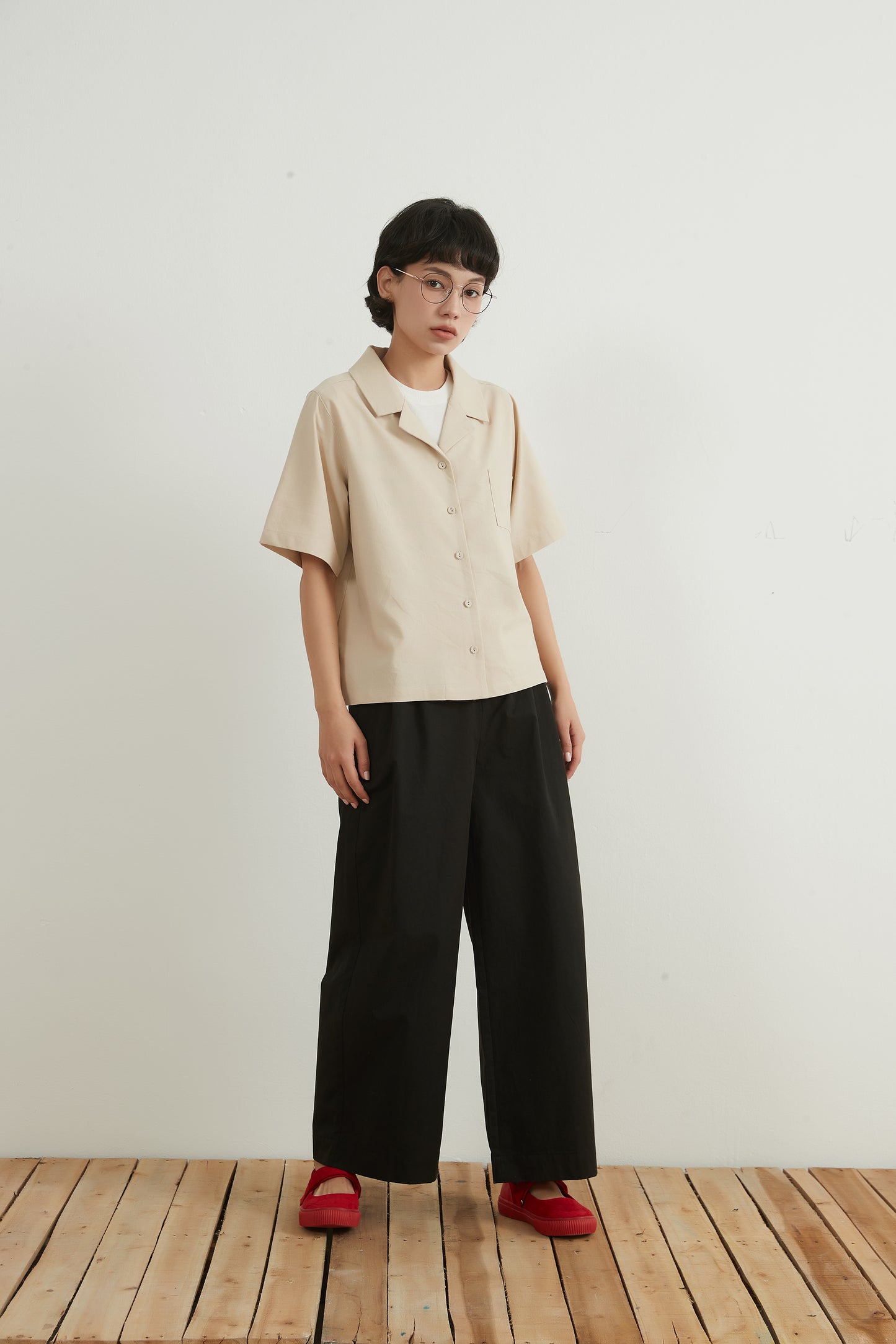 KNNC316・リネンコットンキャンプカラー半袖ボタンシャツ綿麻混夏定番トップス