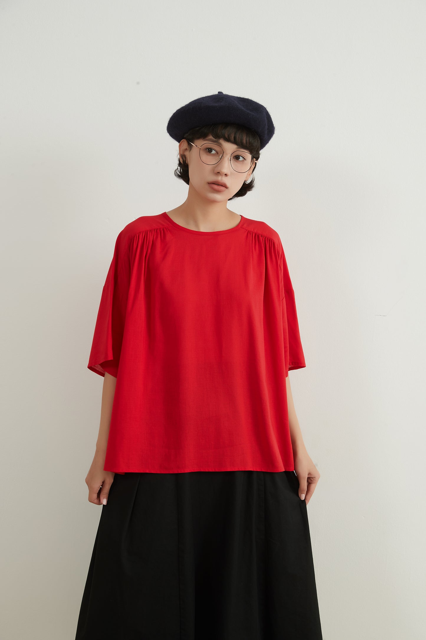 COTTON LINEN GATHERED SHORT SLEEVE TOP リネンコットンギャザー半袖トップシェルボタン付きリボン