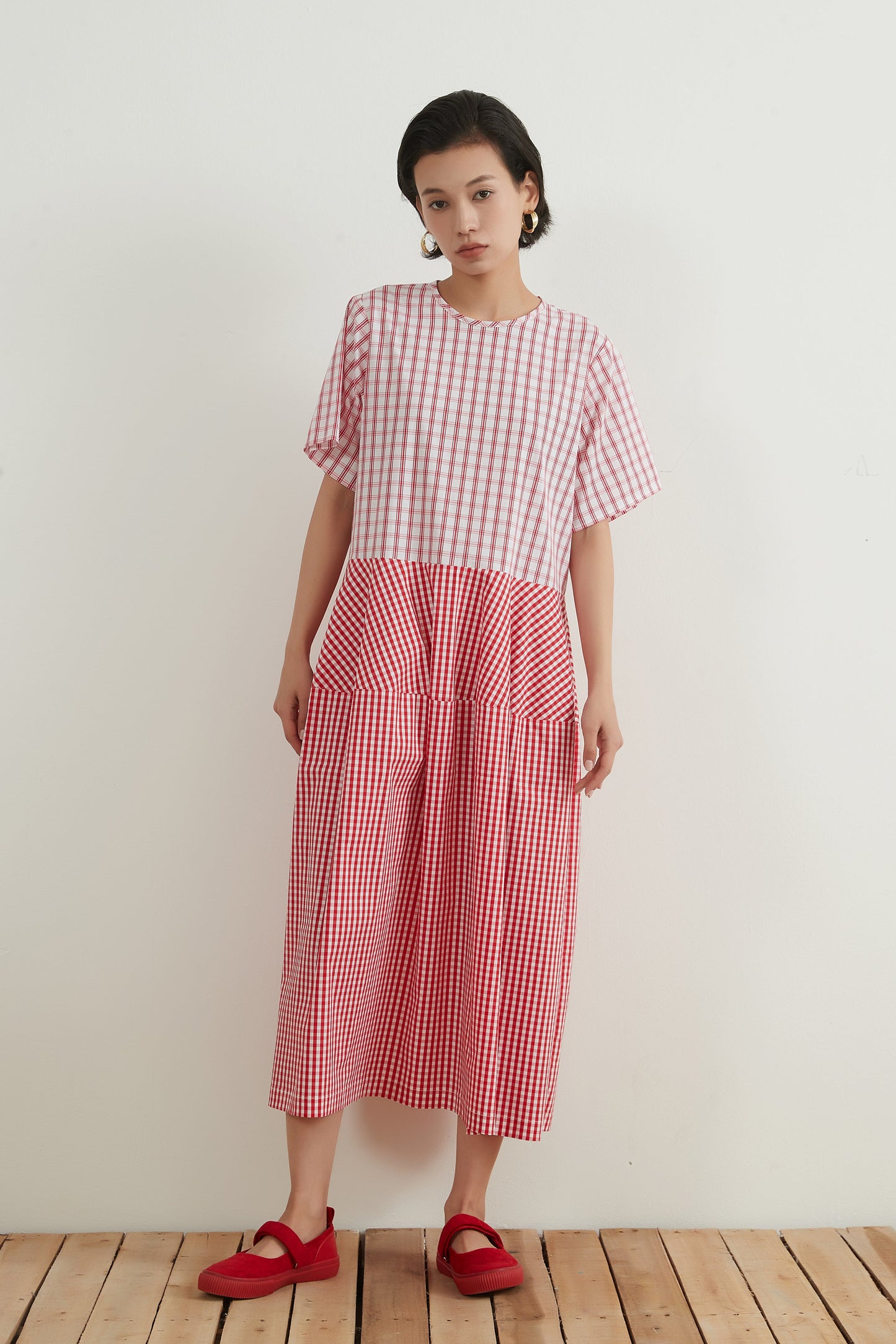 KNNO335・WOVEN CHECK PANEL DRESS チェックパネルワンピース/ドレス