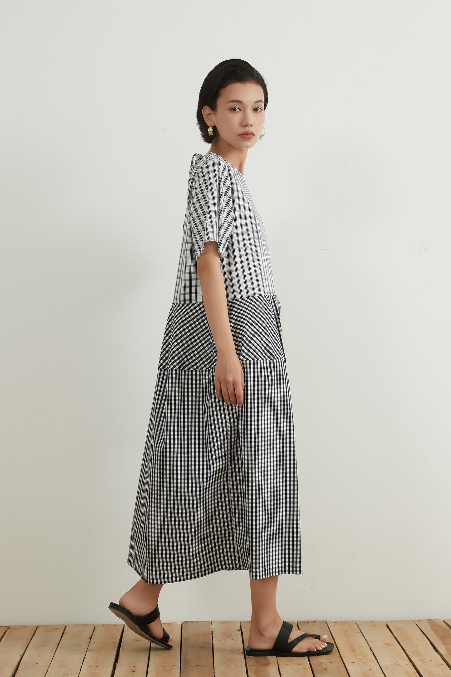 KNNO335・WOVEN CHECK PANEL DRESS チェックパネルワンピース/ドレス