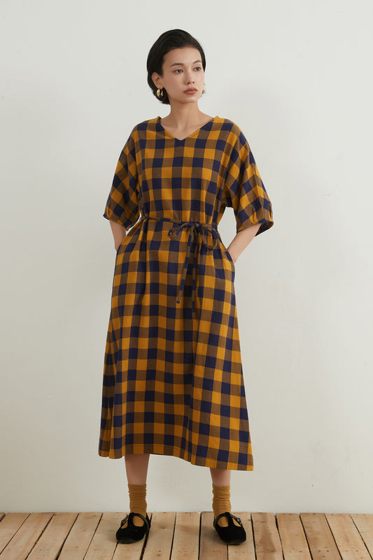 100% cotton V-neck check dress with belt COTTON BICOLOR CHECK DRESS
