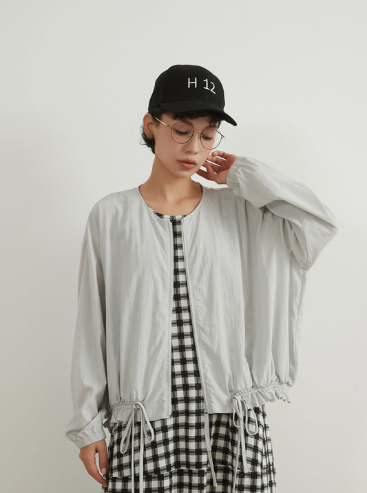 KNNJ311・ストリング裾しぼりジップブルゾンジャケット・薄手長袖春秋カーディガンアウター