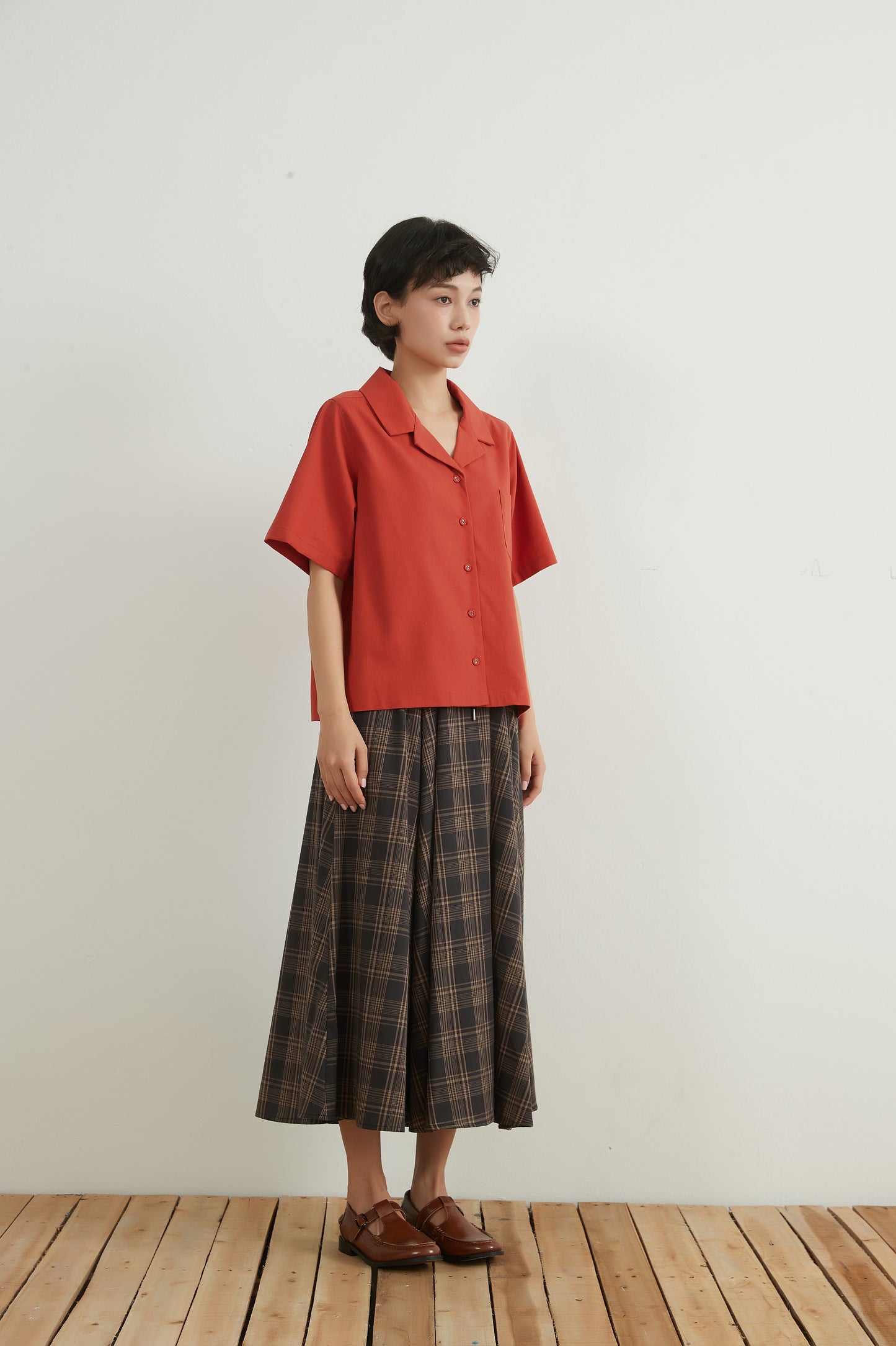 KNNS334・チェックフレアマキシスカート綿100%・CHECK VOLUME FLARE MAXI SKIRT
