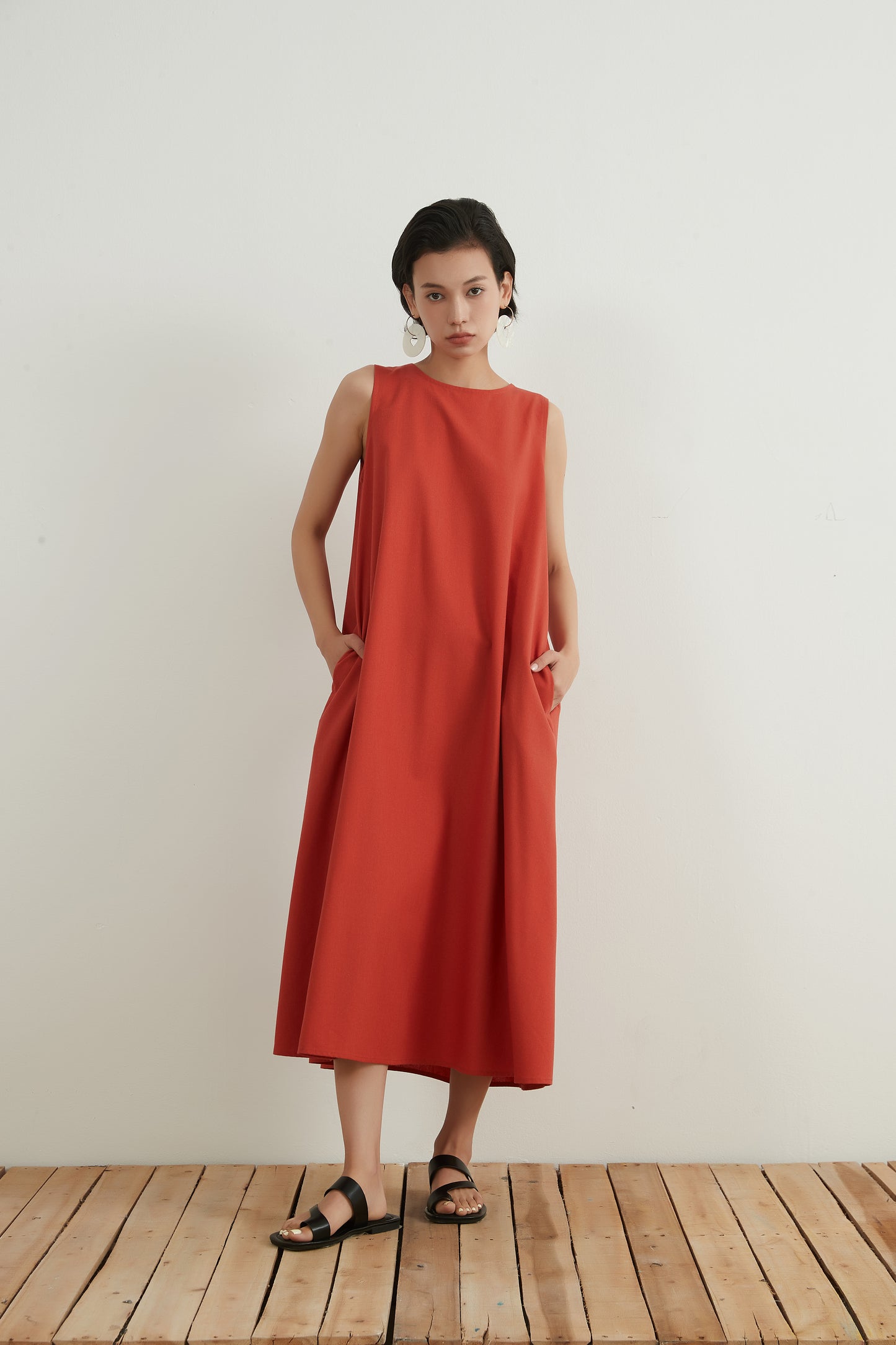 KNNO322・リネンミックス・Aライン・ジャンパースカート・背中開き・ノースリーブ・夏ワンピース