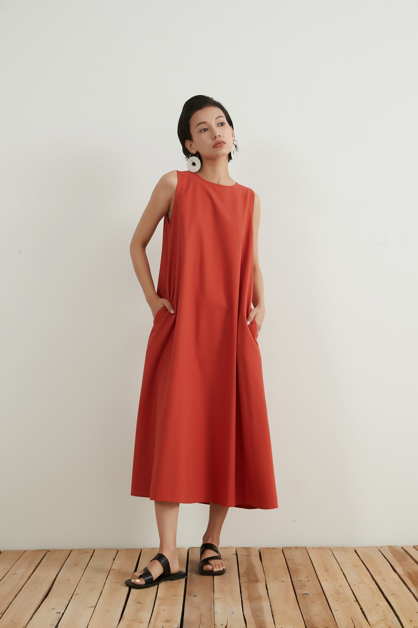 KNNO322・リネンミックス・Aライン・ジャンパースカート・背中開き・ノースリーブ・夏ワンピース
