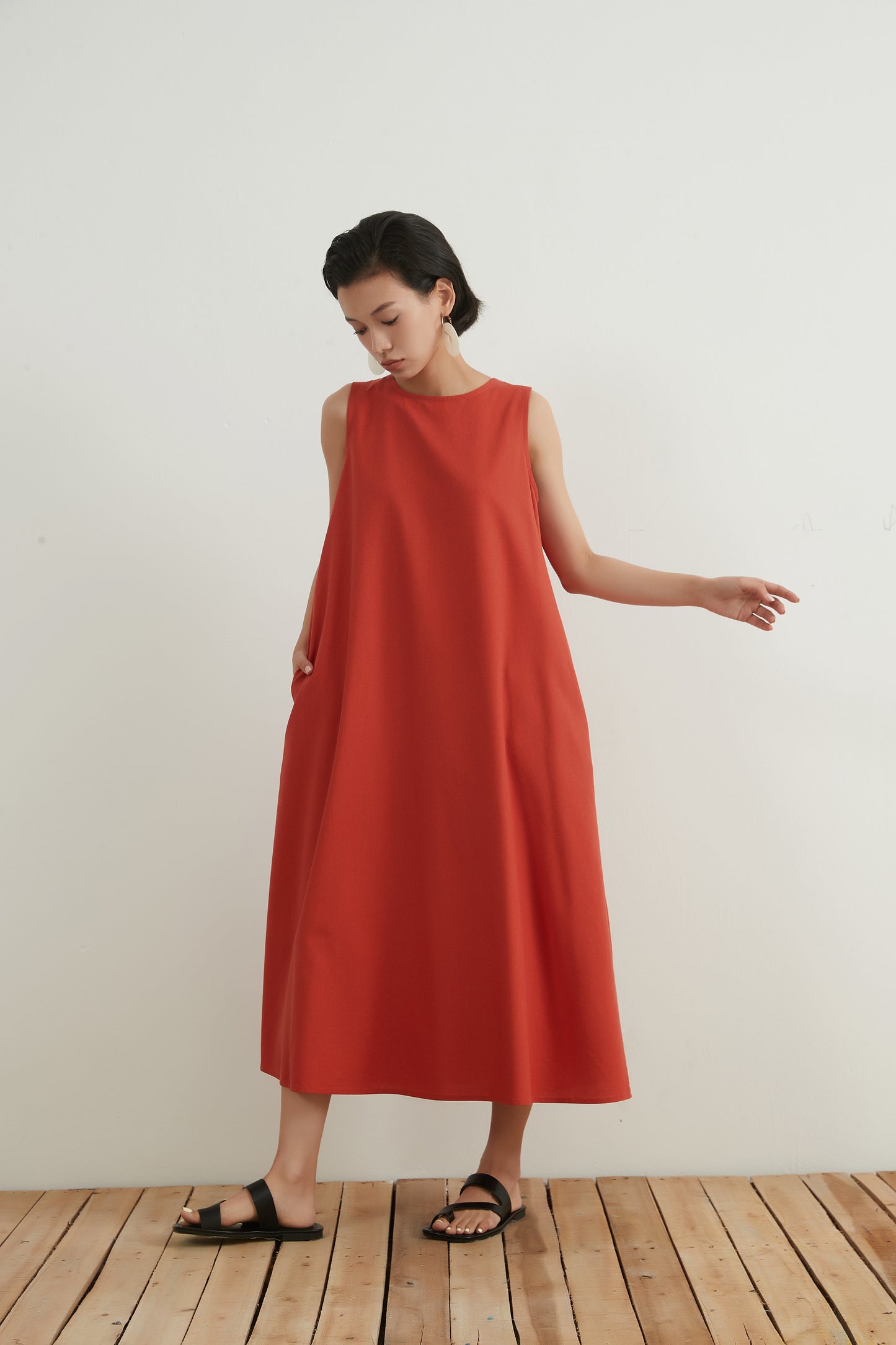 KNNO322・リネンミックス・Aライン・ジャンパースカート・背中開き・ノースリーブ・夏ワンピース