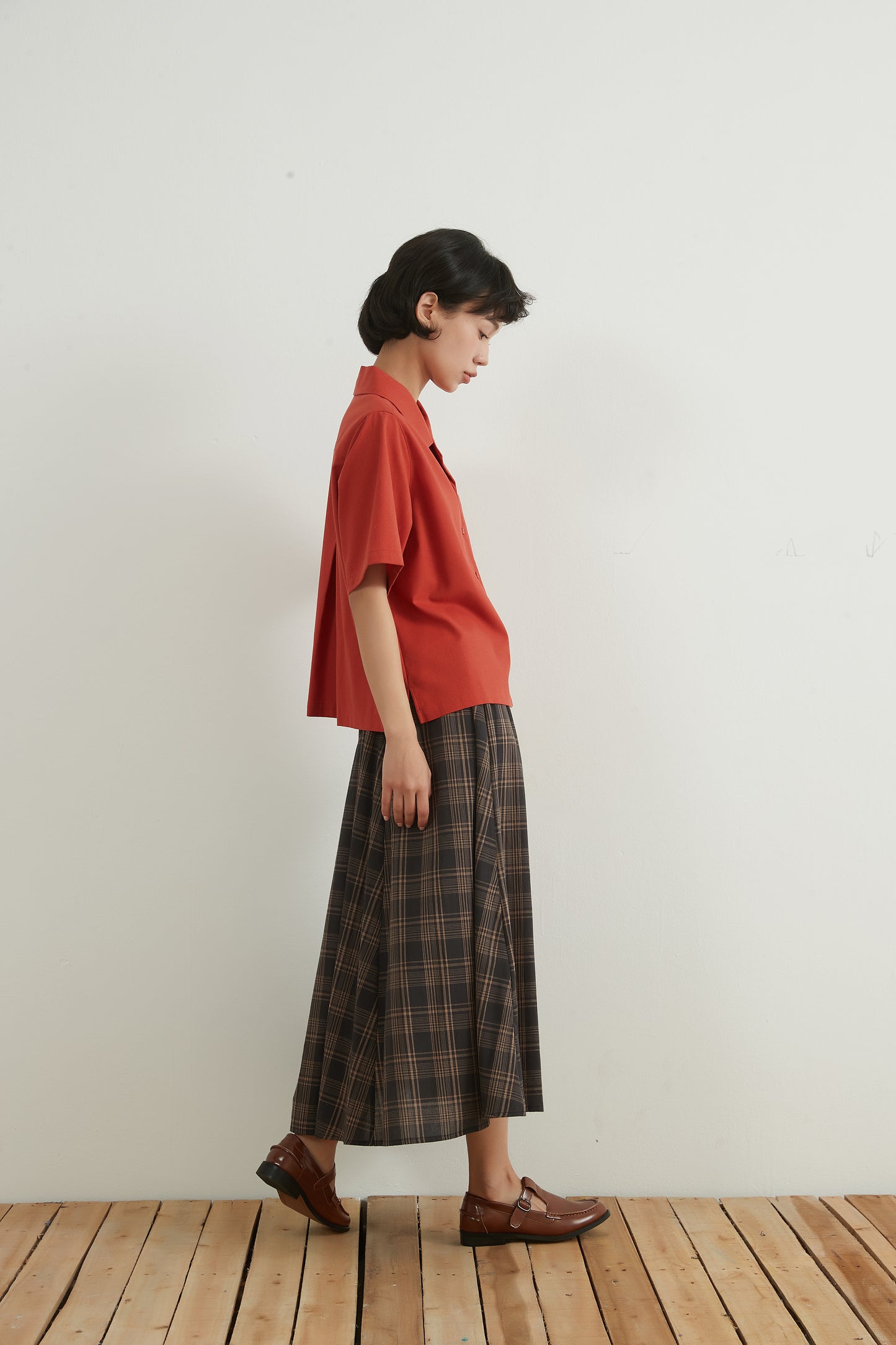 KNNS334・チェックフレアマキシスカート綿100%・CHECK VOLUME FLARE MAXI SKIRT