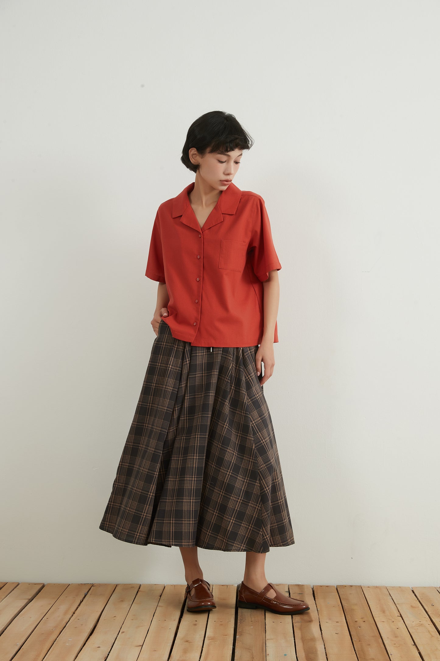 KNNC316・リネンコットンキャンプカラー半袖ボタンシャツ綿麻混夏定番トップス