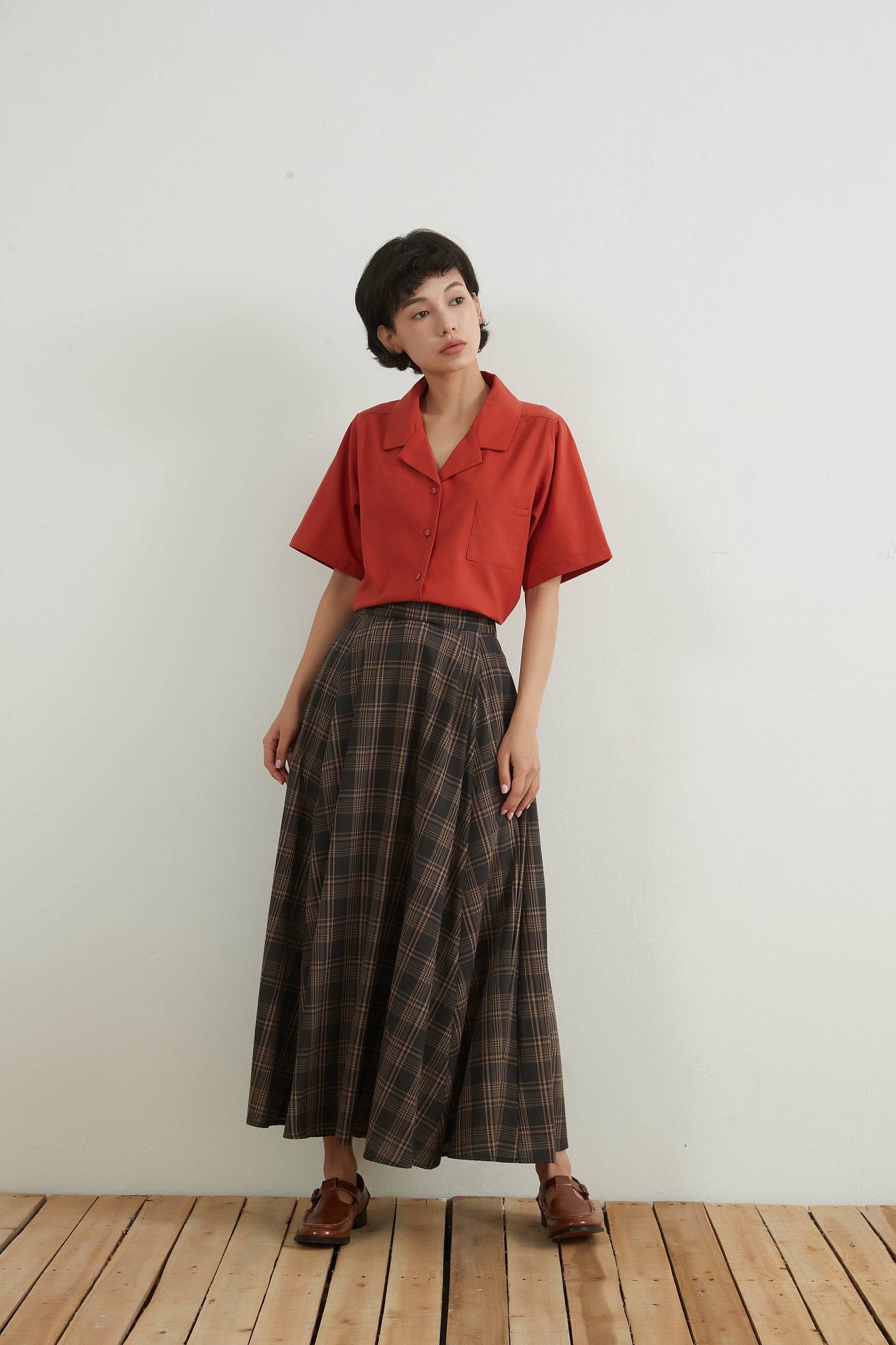 KNNS334・チェックフレアマキシスカート綿100%・CHECK VOLUME FLARE MAXI SKIRT