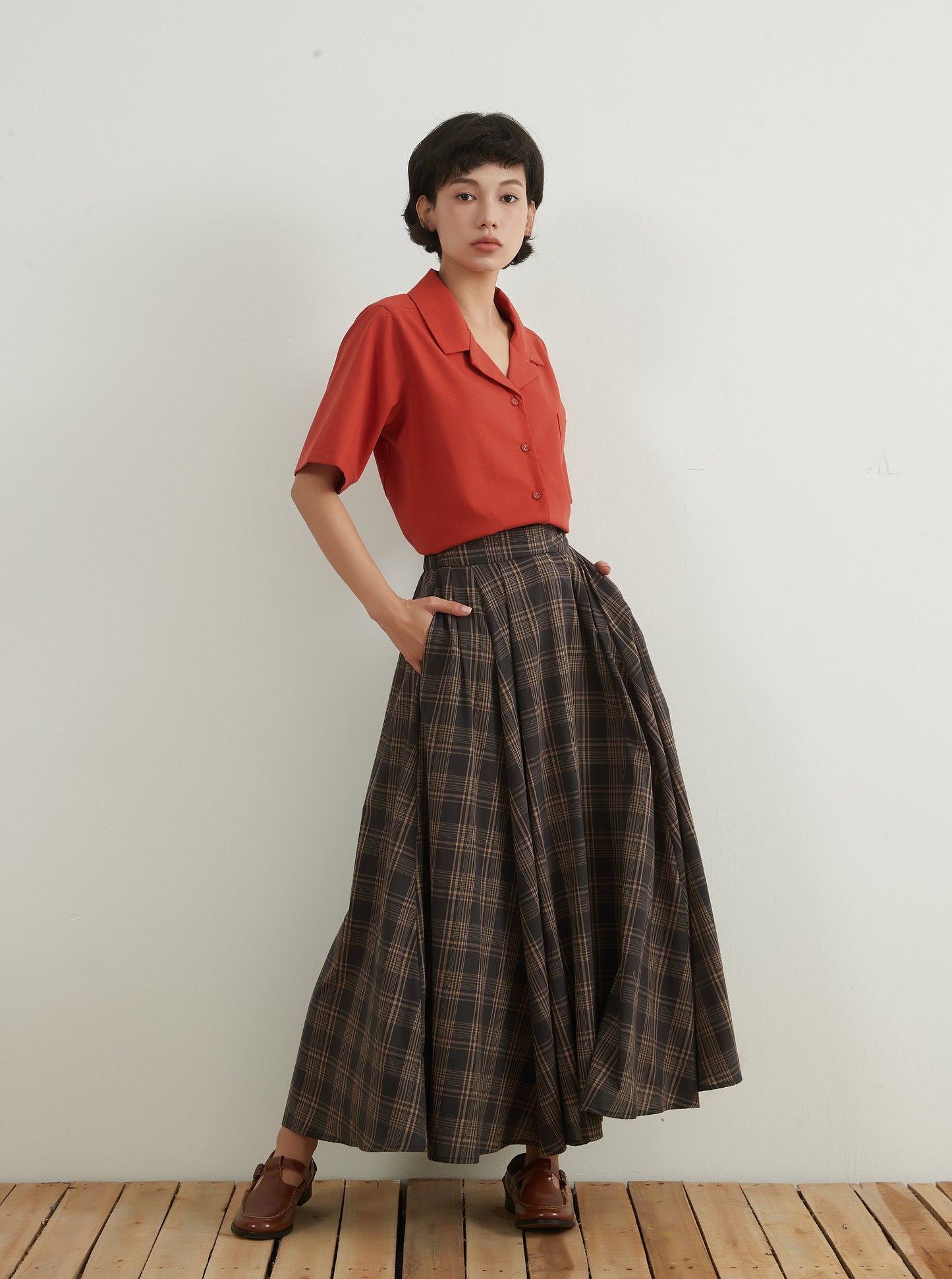 KNNS334・チェックフレアマキシスカート綿100%・CHECK VOLUME FLARE MAXI SKIRT