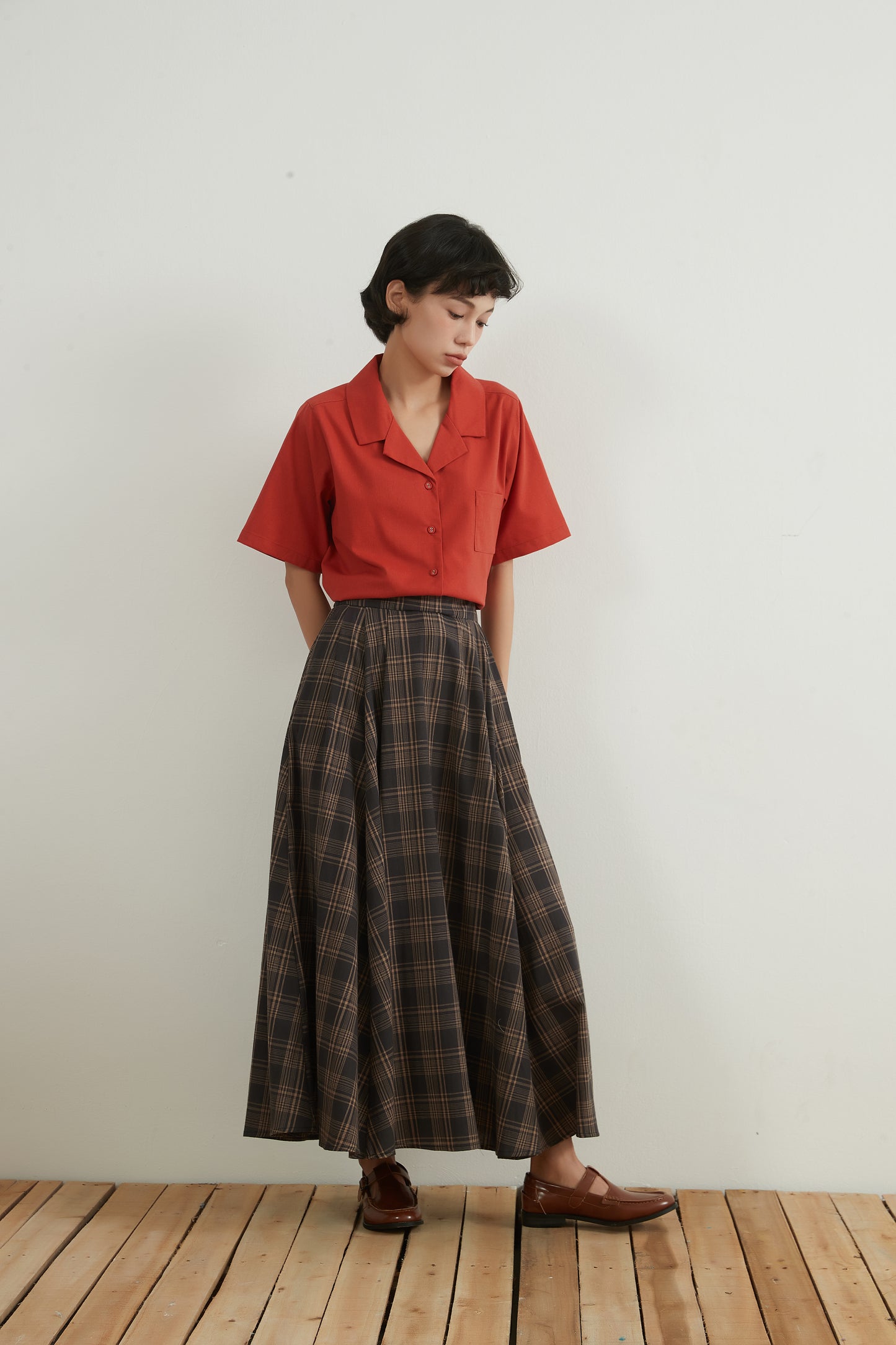 KNNS334・チェックフレアマキシスカート綿100%・CHECK VOLUME FLARE MAXI SKIRT