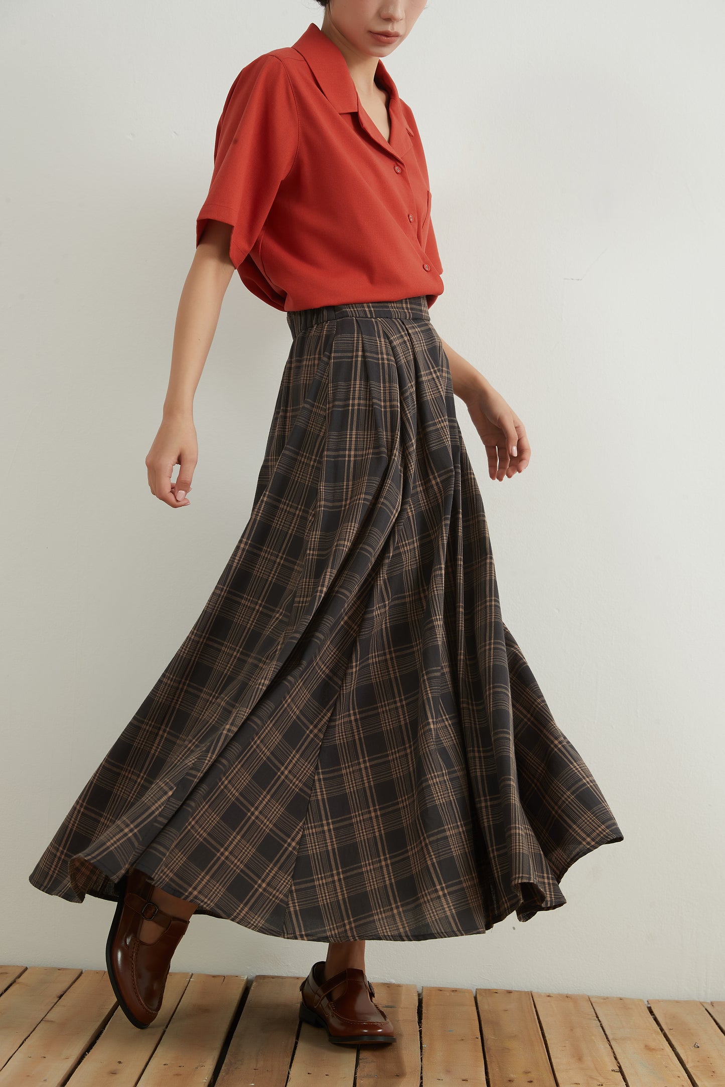 KNNS334・チェックフレアマキシスカート綿100%・CHECK VOLUME FLARE MAXI SKIRT
