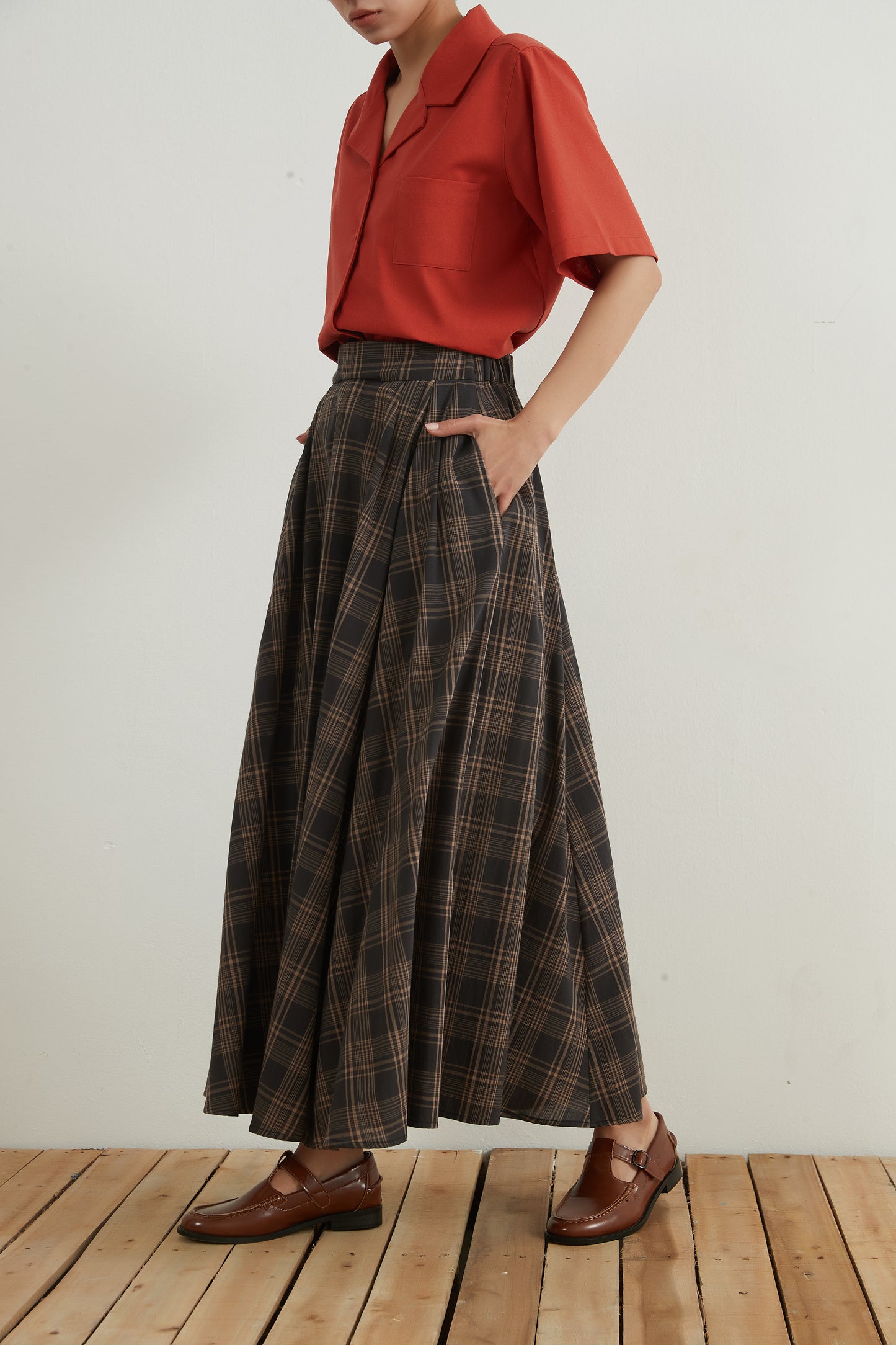 KNNS334・チェックフレアマキシスカート綿100%・CHECK VOLUME FLARE MAXI SKIRT