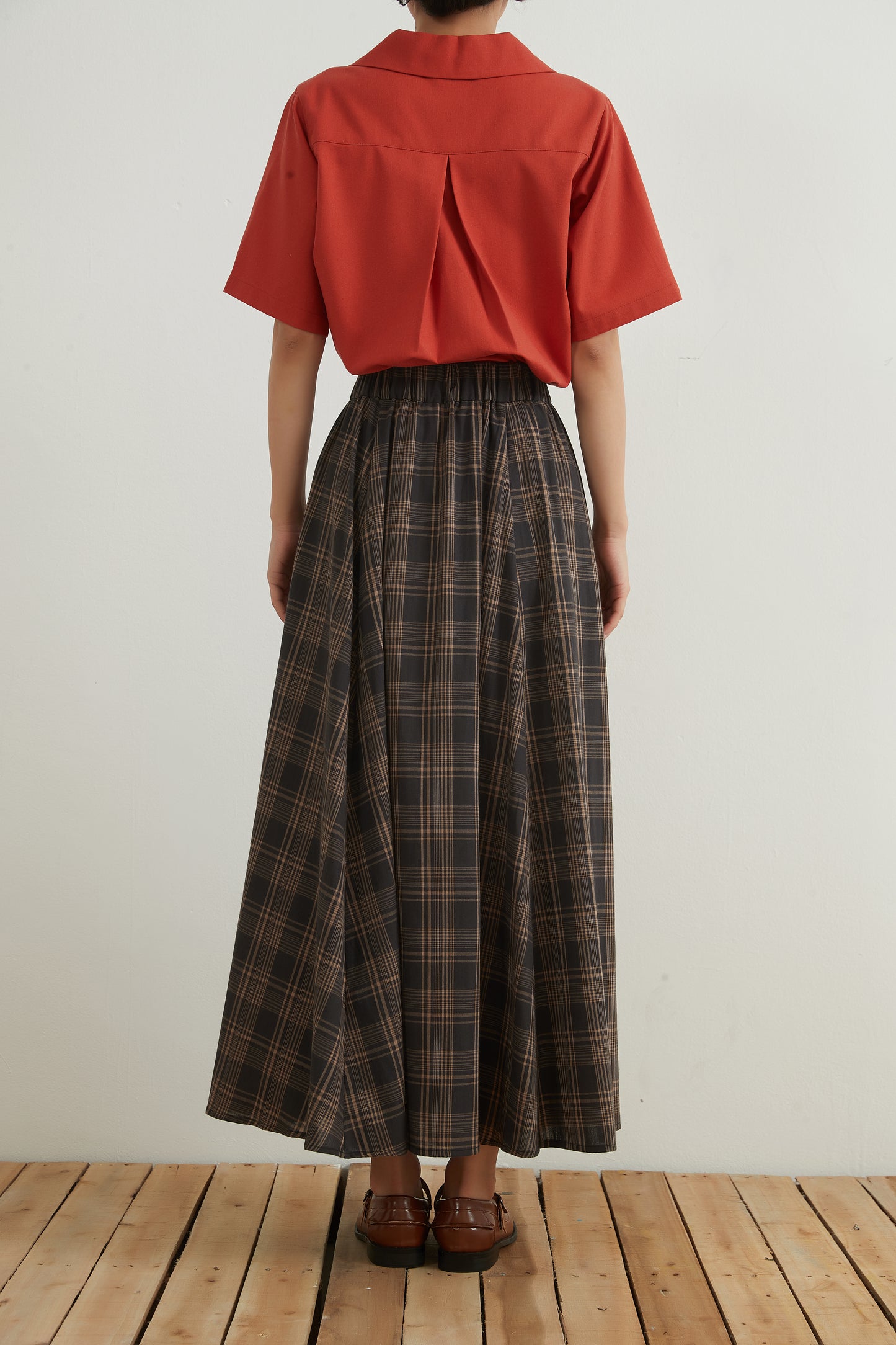 KNNS334・チェックフレアマキシスカート綿100%・CHECK VOLUME FLARE MAXI SKIRT