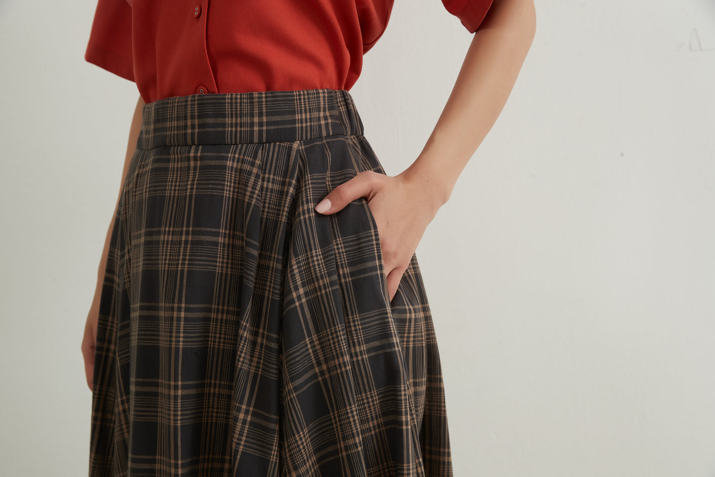 KNNS334・チェックフレアマキシスカート綿100%・CHECK VOLUME FLARE MAXI SKIRT
