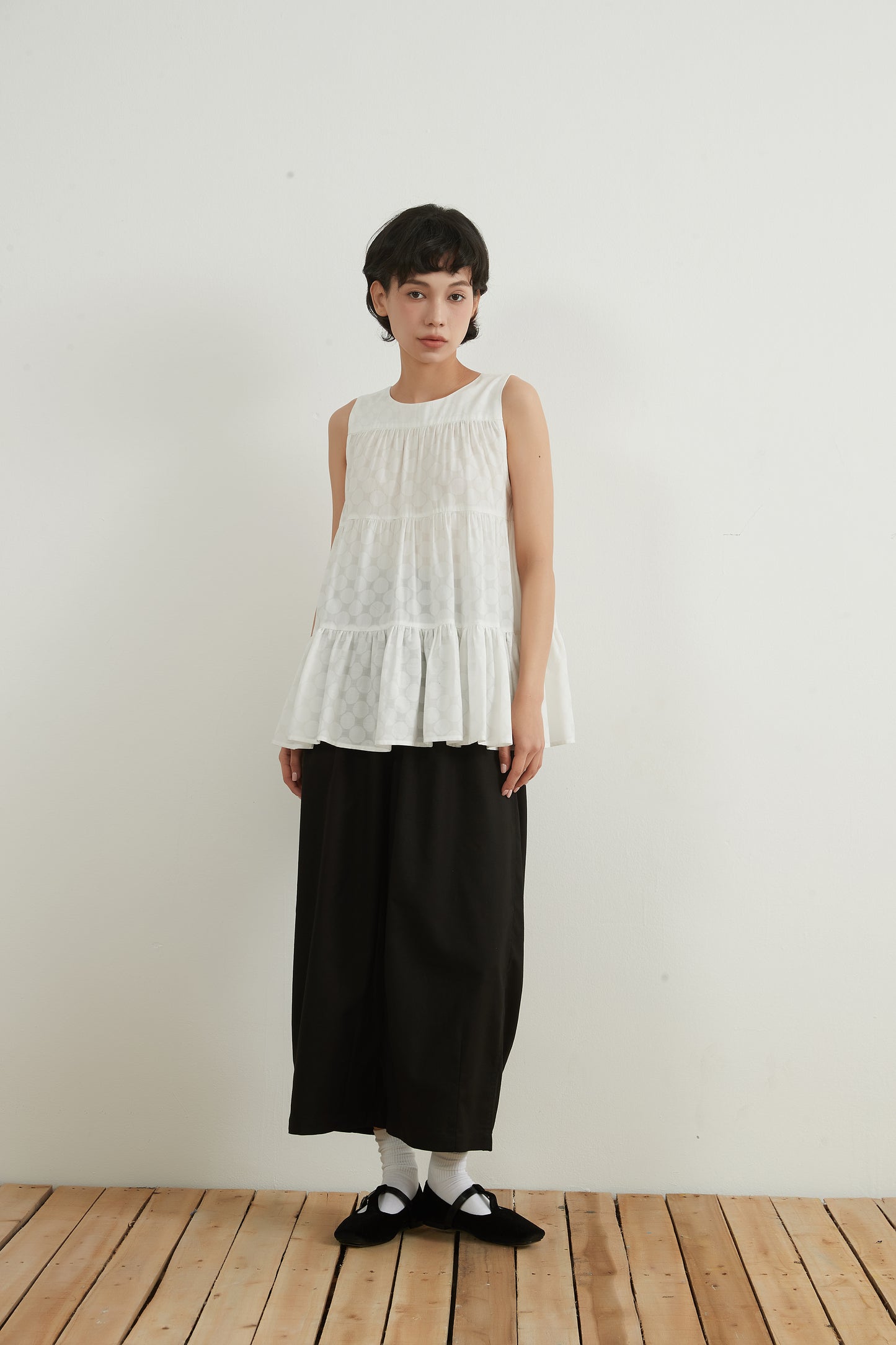 SHADOW DOTS COTTON TIERED TOP シャドー水玉ドットコットンスリーブレスティアードトップ