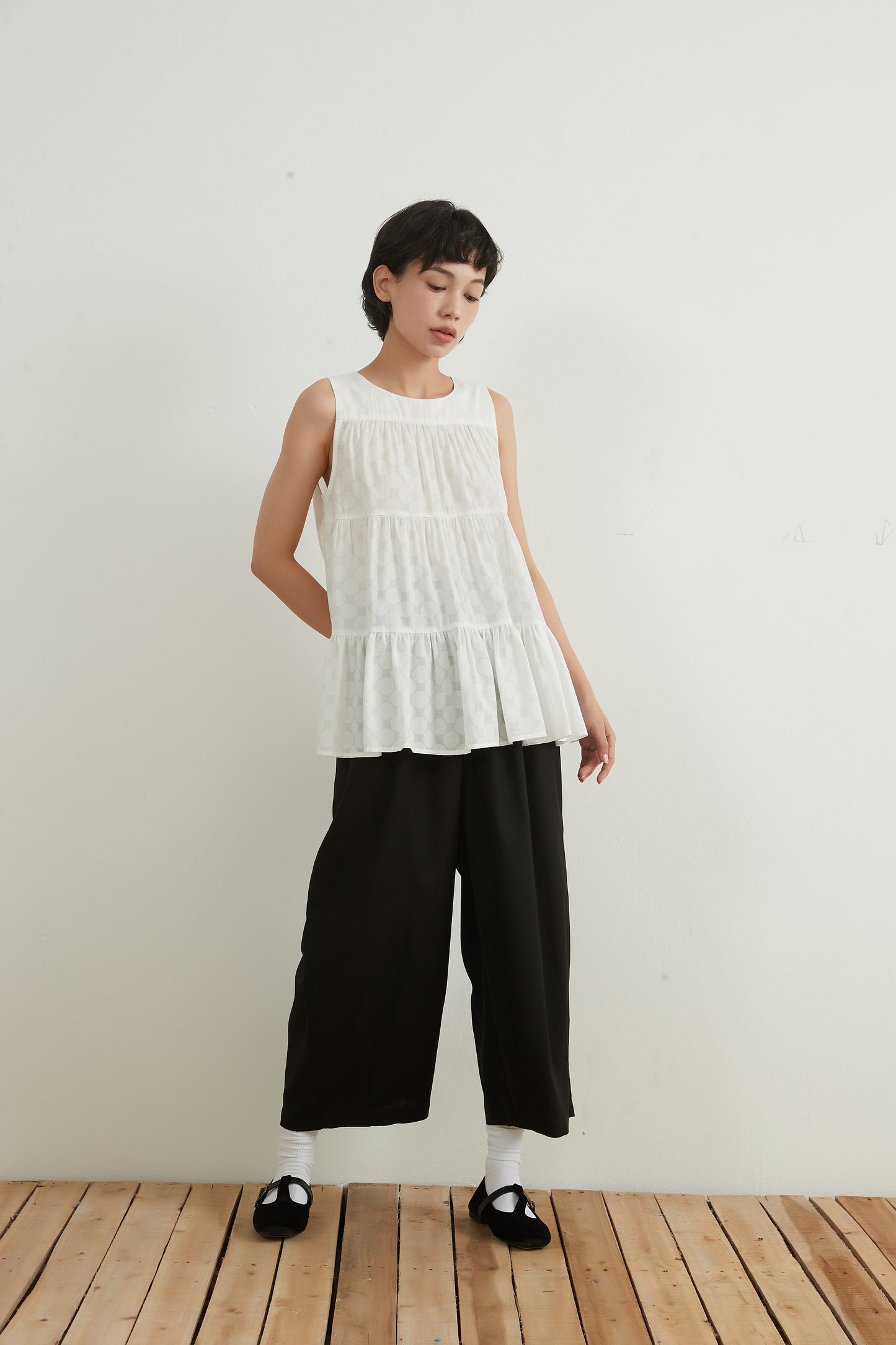 SHADOW DOTS COTTON TIERED TOP シャドー水玉ドットコットンスリーブレスティアードトップ