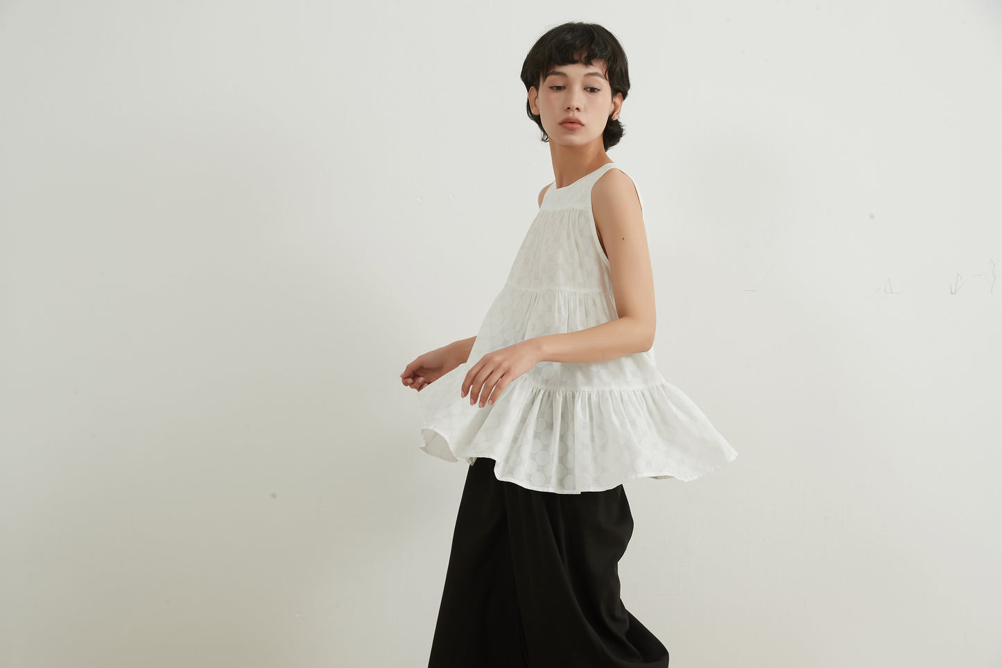 SHADOW DOTS COTTON TIERED TOP シャドー水玉ドットコットンスリーブレスティアードトップ