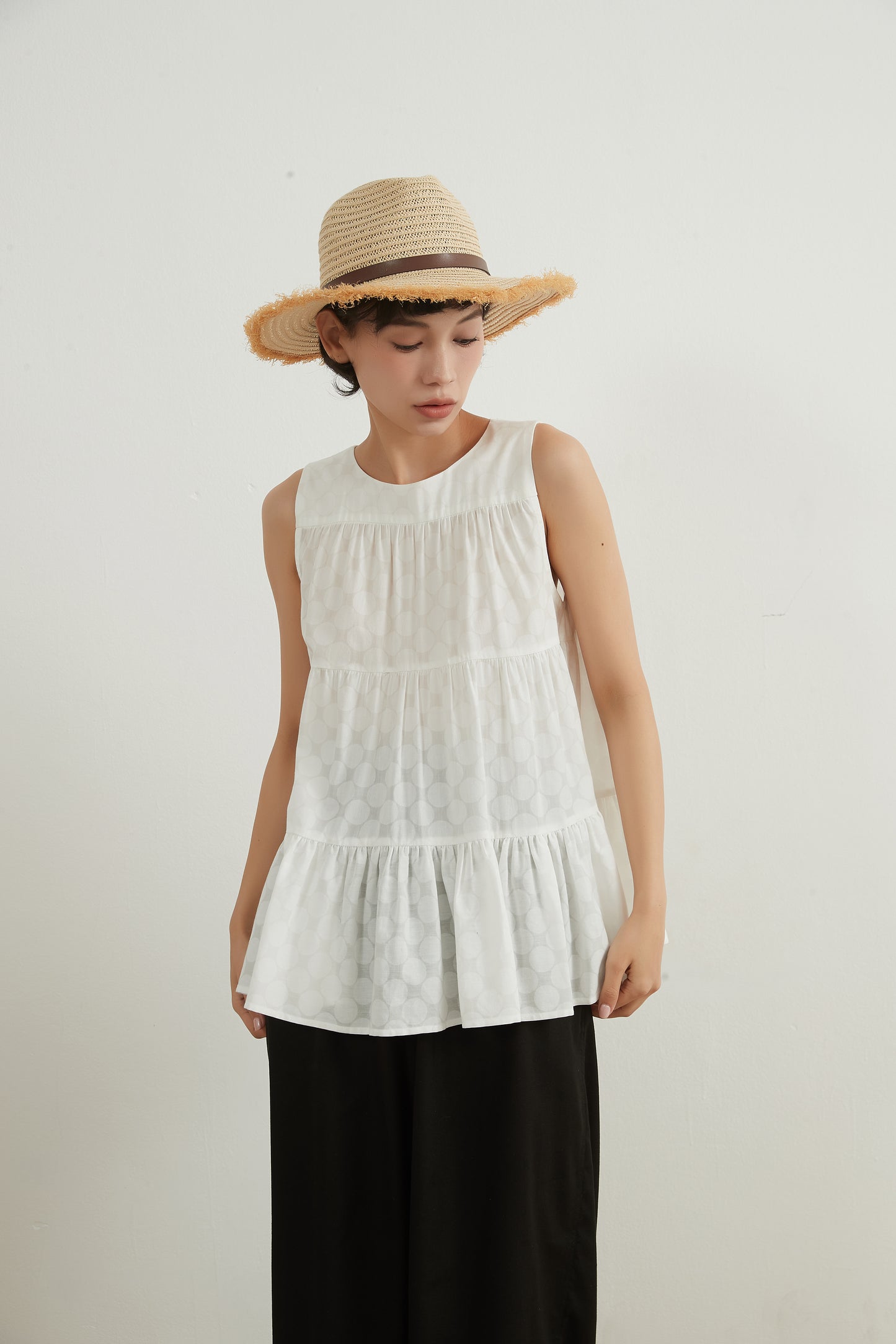 SHADOW DOTS COTTON TIERED TOP シャドー水玉ドットコットンスリーブレスティアードトップ