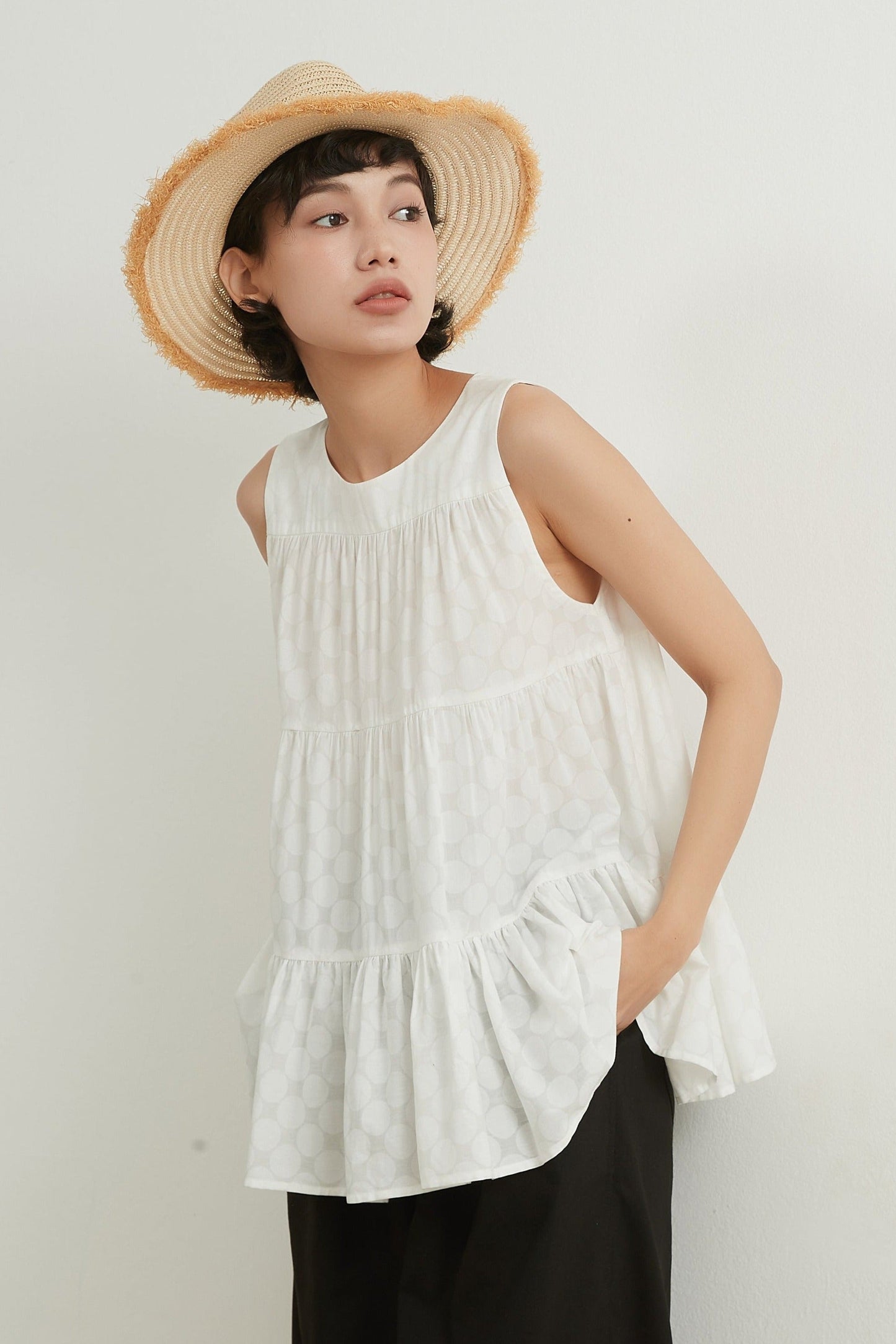 SHADOW DOTS COTTON TIERED TOP シャドー水玉ドットコットンスリーブレスティアードトップ